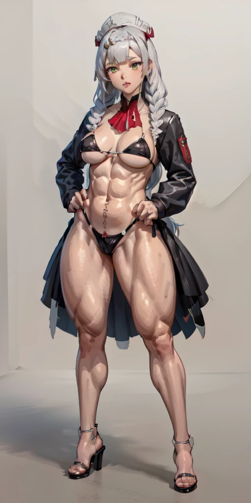 (full body shot, masterpiece, best_quality, plain background, ultra-detailed, immaculate:1.2)
m1tsuk1, solo, red eyes, long white silver braids, female focus, happy close mouth reed cheeks, looking at viewer, bikini, heels, standing, hand on hip,
