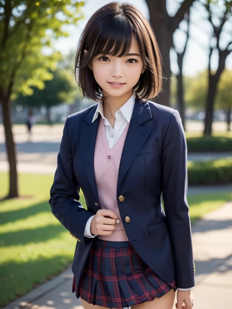 (8k, RAW Photos, highest quality, Tabletop:1.2), (Realistic, Photorealistic:1.4), (Highly detailed 8k wallpaper), Sharp focus, Depth of written boundary,highest quality, Very detailed, Beautiful and detailed, (Brown Hair), Natural color lip, (smile), (Wears a navy blue school blazer uniform:1.3), (Short Bob Hair:1.3), Standing in the park, (The wind is blowing、A navy blue and pink checked miniskirt flips up), 18 year old girl, Backlight