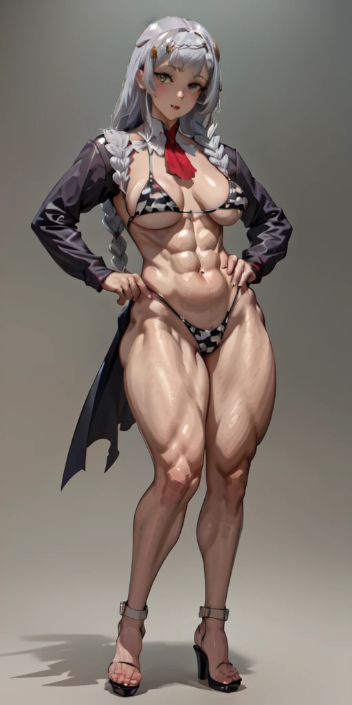 (full body shot, masterpiece, best_quality, plain background, ultra-detailed, immaculate:1.2)
m1tsuk1, solo, red eyes, long white silver braids, female focus, happy close mouth reed cheeks, looking at viewer, bikini, heels, standing, hand on hip,