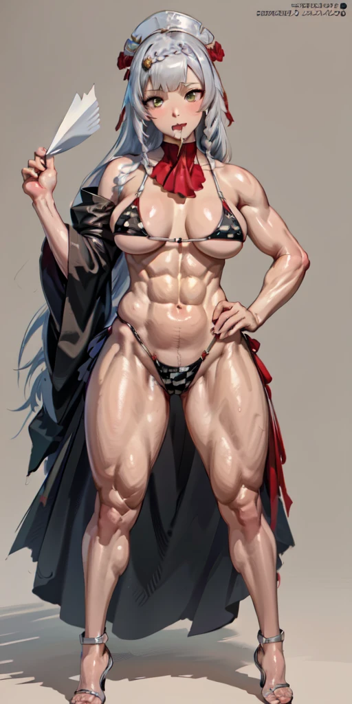 (full body shot, masterpiece, best_quality, plain background, ultra-detailed, immaculate:1.2)
m1tsuk1, solo, red eyes, long white silver braids, female focus, happy close mouth reed cheeks, looking at viewer, bikini, heels, standing, hand on hip,