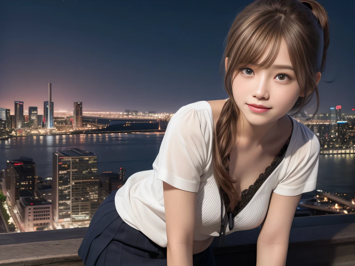 (masterpiece:1.3), High resolution, Super detailed, Highly detailed CG Unity 8k wallpaper, Realistic, photo-Realistic, RAW Photos, Beautifully detailed face, Detailed cloth texture, Detailed hair texture, Accurate, Anatomically correct, Highly detailed face and skin texture,
One Girl, cute、((Short ponytail))、 A shy smile, Brown Hair、Deep blue eyes、((Short sleeve lace top))、((Ultra mini skirt:1.2))、((Night cityscape:1.6))