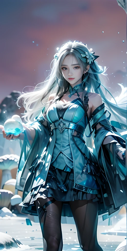 Frost Goddess,Frozen fluid,Ice World,ice,1girl,solo,black legwear,boots,breasts,fur trim,The huge ice mushroom ,Ice pillars, ice mushrooms,Frozen ground,full body,super cuteness),(delicate face),soft makeup,(Stunningly beautiful),grey eyes,hair ornament,long hair,hatsune miku , aqua hair, twintails, long hair, hair ornament,detached sleeves, looking at viewer,outdoors, pantyhose,silver hair,smile,solo,standing,best quality, masterpiece, realistic, photorealistic, simple background, blue ice background, (Sci-fi style female), (High dynamic range), Ray tracing, NVIDIA RTX, Super Resolution, Unreal 5, Subsurface scattering, PBR Texturing, Post-processing, Anisotropy Filtering, depth of fields, Maximum clarity and sharpness, Multilayer textures, Albedo and specular maps, Surface Shading, Precise simulated light material interactions, Perfect proportions, Octane Rendering, Two-tone lighting, Wide aperture, Low ISO, White Balance, thirds rule, 64K RAW,vivid color 