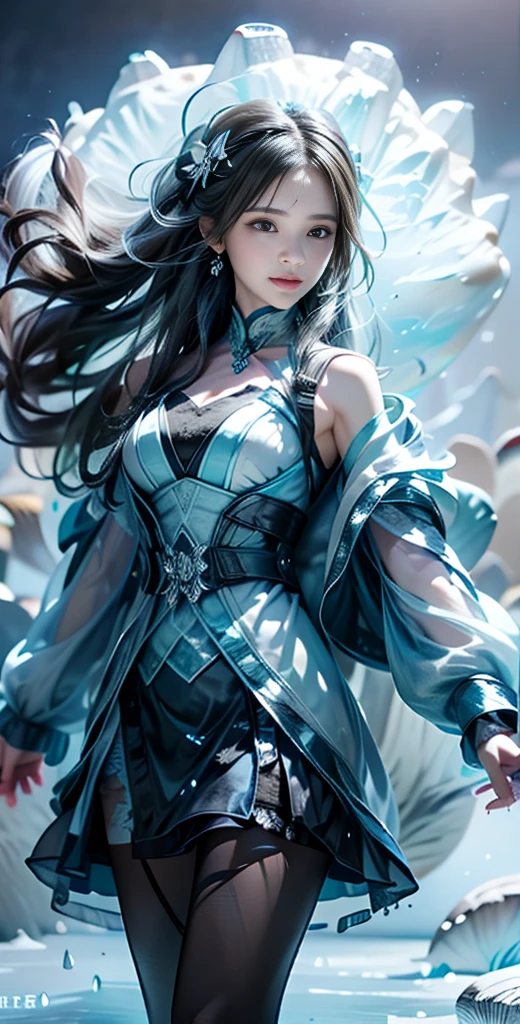 Frost Goddess,Frozen fluid,Ice World,ice,1girl,solo,black legwear,boots,breasts,fur trim,The huge ice mushroom ,Ice pillars, ice mushrooms,Frozen ground,full body,super cuteness),(delicate face),soft makeup,(Stunningly beautiful),grey eyes,hair ornament,long hair,hatsune miku , aqua hair, twintails, long hair, hair ornament,detached sleeves, looking at viewer,outdoors, pantyhose,silver hair,smile,solo,standing,best quality, masterpiece, realistic, photorealistic, simple background, blue ice background, (Sci-fi style female), (High dynamic range), Ray tracing, NVIDIA RTX, Super Resolution, Unreal 5, Subsurface scattering, PBR Texturing, Post-processing, Anisotropy Filtering, depth of fields, Maximum clarity and sharpness, Multilayer textures, Albedo and specular maps, Surface Shading, Precise simulated light material interactions, Perfect proportions, Octane Rendering, Two-tone lighting, Wide aperture, Low ISO, White Balance, thirds rule, 64K RAW,vivid color 