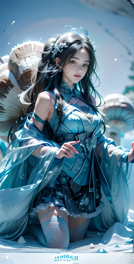 Frost Goddess,Frozen fluid,Ice World,ice,1girl,solo,black legwear,boots,breasts,fur trim,The huge ice mushroom ,Ice pillars, ice mushrooms,Frozen ground,full body,super cuteness),(delicate face),soft makeup,(Stunningly beautiful),grey eyes,hair ornament,long hair,hatsune miku , aqua hair, twintails, long hair, hair ornament,detached sleeves, looking at viewer,outdoors, pantyhose,silver hair,smile,solo,standing,best quality, masterpiece, realistic, photorealistic, simple background, blue ice background, (Sci-fi style female), (High dynamic range), Ray tracing, NVIDIA RTX, Super Resolution, Unreal 5, Subsurface scattering, PBR Texturing, Post-processing, Anisotropy Filtering, depth of fields, Maximum clarity and sharpness, Multilayer textures, Albedo and specular maps, Surface Shading, Precise simulated light material interactions, Perfect proportions, Octane Rendering, Two-tone lighting, Wide aperture, Low ISO, White Balance, thirds rule, 64K RAW,vivid color