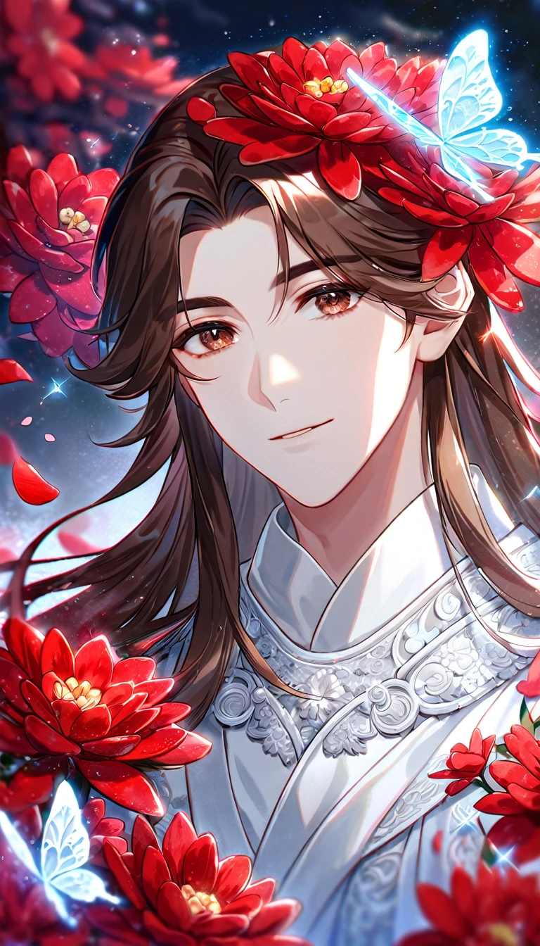 Ultra detailed, HDR, Highres, absurdres, master piece, Xie Lian, brown long hair, expressive brown eyes, Heaven Official's Blessing, glittering silver butterflies, petals, white clothes, red flowers, handsome, sexy man, extremely detailed face and eyes, glittering, red forest, perfect face, best quality, red rain, red ice flowers