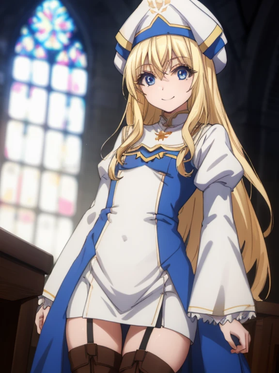 priestess, priestess, blonde hair, blue eyes, long hair, hair between eyes, (flat chest), smile,
BREAK boots, dress, frilled sleeves, frills, hat, white headwear, pelvic curtain, high heels, robe, thigh boots, thighhighs, white thighhighs, long sleeves, puffy sleeves,
BREAK indoors, church,
BREAK looking at viewer, (cowboy shot:1.5),
BREAK (masterpiece:1.2), best quality, high resolution, unity 8k wallpaper, (illustration:0.8), (beautiful detailed eyes:1.6), extremely detailed face, perfect lighting, extremely detailed CG, (perfect hands, perfect anatomy),