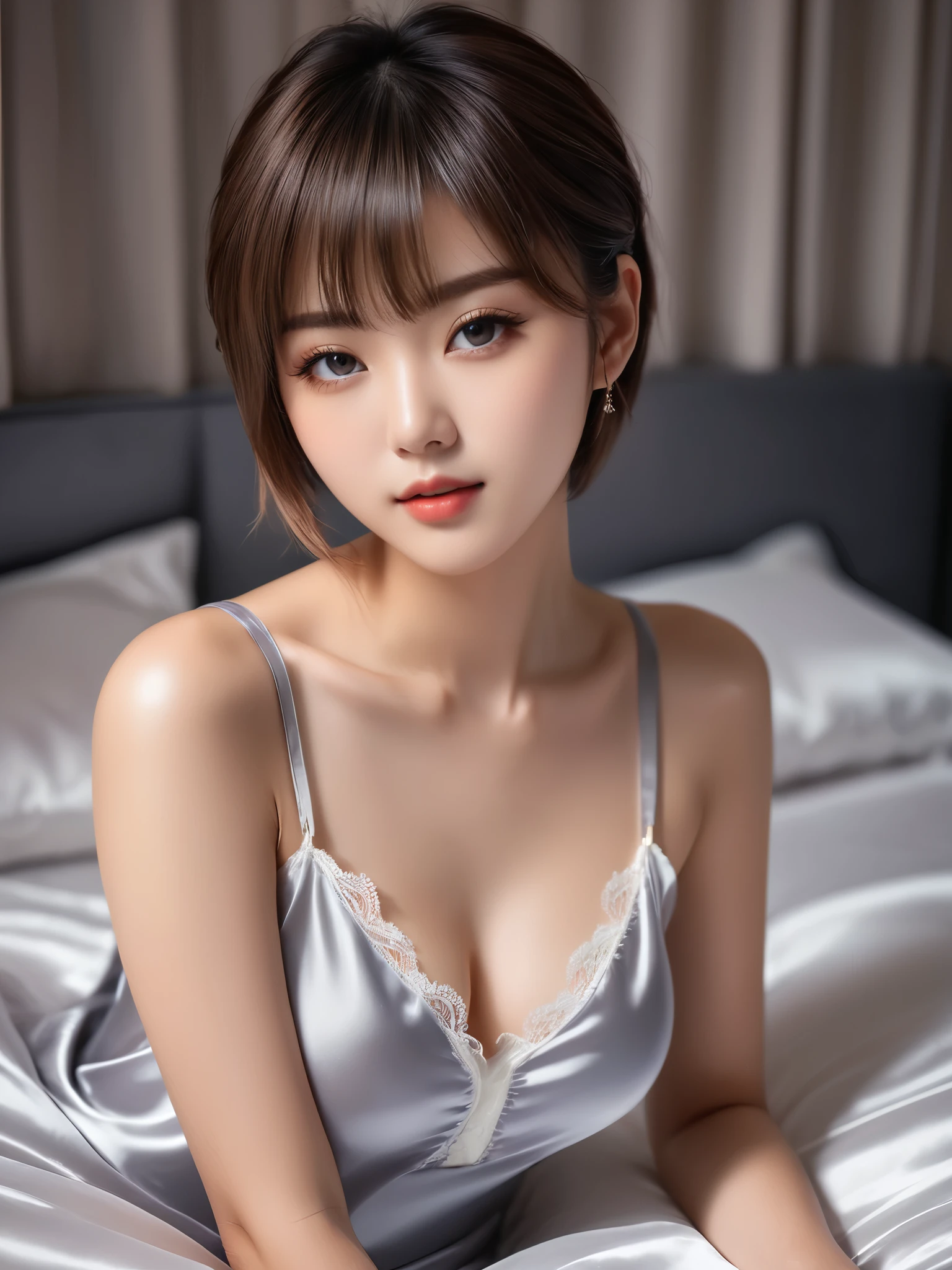 masterpiece, 1 woman per 1photo, full body shot, front view, a Japanese young pretty woman, hyper pretty face, 18 years old, short hair, sitting on a silk bed, wearing only a sleeveless silky satin gray with white laces, busty, wet body, glossy lips, glamorous figure, silk pillow, silk bed sheets, double eyelids in both eyes, natural makeup, long eyelashes, shiny smooth light brown hair, asymmetrical bangs, fair skin, central image, 8K resolution, high detail, detailed hairstyle, detailed face, spectacular cinematic lighting, octane rendering, vibrant, hyper realistic, perfect limbs, perfect anatomy