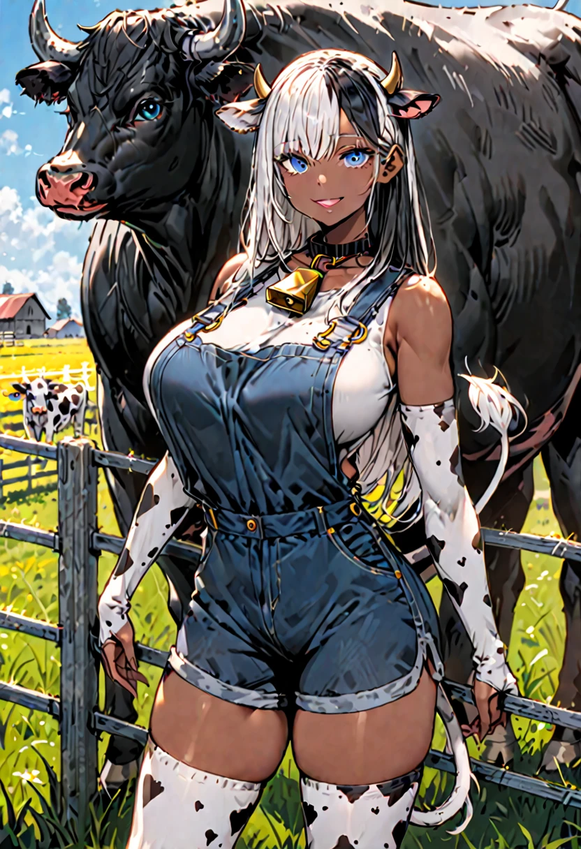 ((solo)), sfw, medium short, female, huge woman, tall woman, minotaur girl, farmer girl, overalls, shorts, huge breasts, cow horns, cow ears, cow tail, blue eyes, straight hair, long hair, two-tone hair, black hair, white hair, cow bell collar, field, farm, furry legs:0.7, tan thighs, fence, athletic, tan skin, muscular thighs, broad shoulders, friendly smile, 