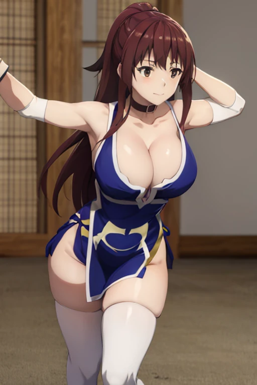 masterpiece, best quality, beautiful art, high resolution, well formed hands, body and fingers, 1 woman, solo, Megumin konosuba, adult, grown up, adult, big breasted, cleavage, full body, long hair, hair ornament, gorgeous legs and thighs, blue_kunoichi_dress, white stockings, sleeveless, she is fighting in a combat match at a martial arts tournament, she is getting ready to fight, making her guard pose, action and fighting scene, about to hit the viewer, looking at the viewer, sweating , feeling confident and proud, smiling joyfully and happily, charming her opponent with her beauty, fighting scene, martial arts tournament on the beach
