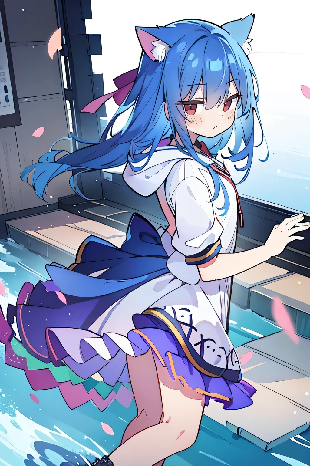 (masterpiece:1.2),Super detailed,lifelike,Expressive eyes,fair skin,perfect face shape,1 girl,
Japanese comics,Gorgeous blue hair,flowing blue hair,flowing clothes,Cat ears,Petals fall,beautiful lola,Baby Angel,
Shaking head with one hand,Cross your legs,Gentle and peaceful background,The pavilion is cool and comfortable,smile, wearing hoodie, background of tokyo,back views,snowing, winter,lie on the water.