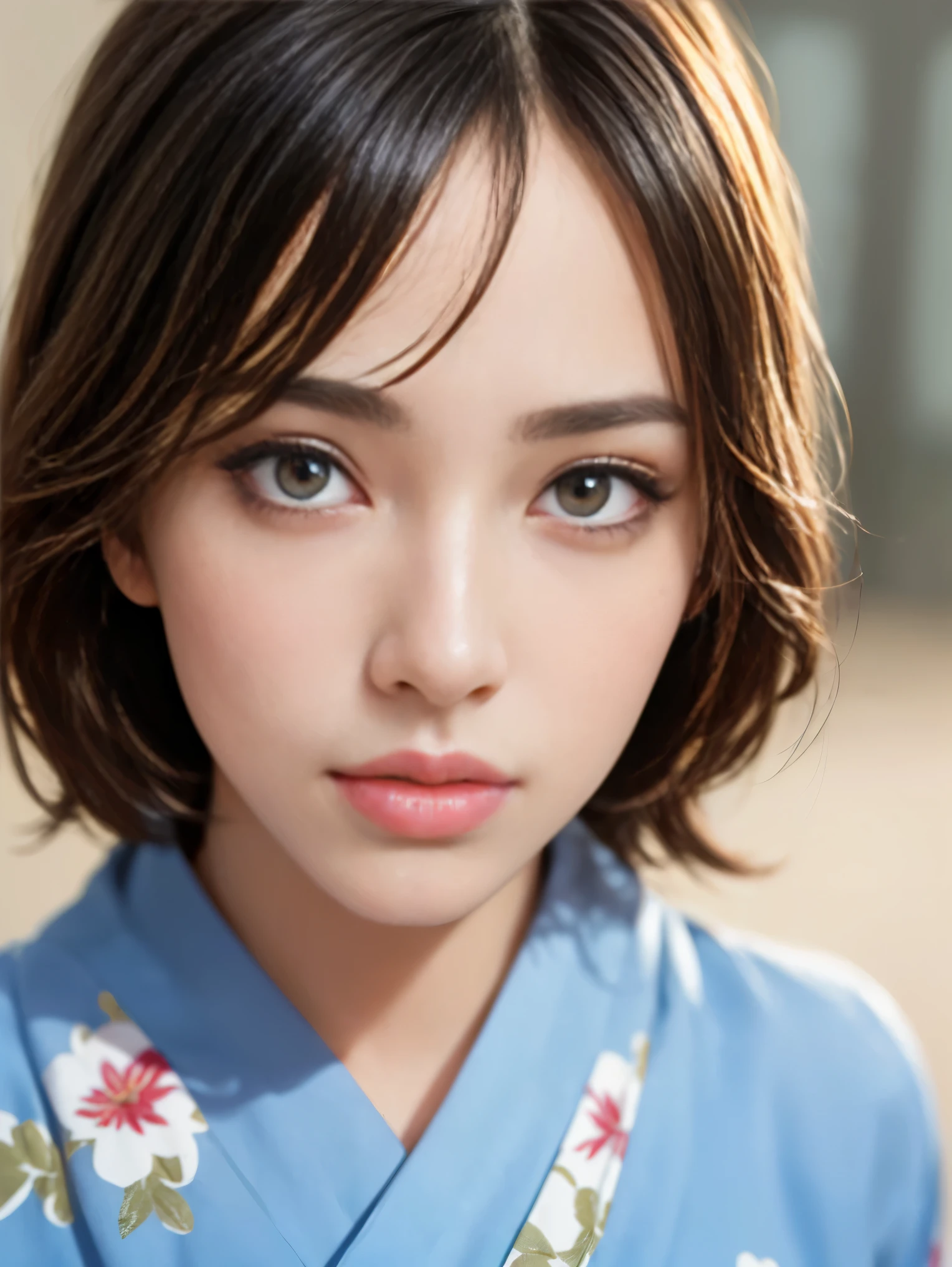 Facial retouching///Wearing clothes, Fix it in safe mode, (Accurately reproduce images1.37), (1.Lady), 16 years old, high school girl, Japanese women, Supermodel, (Best quality correction:1.21), 32K resolution, (Genuineistic:1.21), (Ultra-realistic:1.21), High resolution UHD, (masterpiece:1.21), (Improvement of quality:1.4), (Very beautiful facial details), (Perfect Anatomy:1.37), (Floral Yukata:1.37), (Natural Wave Hair:1.37), (In a Kyoto townhouse:1.21), (Perfect eye of the most absurd quality:1.25)、((Absurd resolution clear quality eye), Sharp without blur_completely_round_Genuine_black_eye:1.21 Super Quality), (Very intricate details:1.2), (((Detailed pupils:1.21)), ((Improvement of quality:1.21), (Highest quality real texture skins:1.21), (Highly detailed eye:1.21), Symmetrical eye, Face drawn in detail, (Ultra-detailed eye:1.21), (tired, Sleepy and satisfied:0.0), (Beautiful Lips:1.21), (Great nose:1.2), Fine eyelashes, Sharpen your eyebrows, (Realistic), (Sharp focus), Faithful and accurate facial reproduction, Blurred Background, Professional cinema lighting,