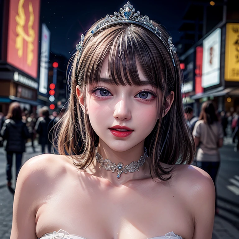 masterpiece of professional Analog photo, realistic and photorealistic with touch of rawness, (a close-up portrait of a tiny princess wearing white thongs on a city street), Dusk violet Sky, intricate lighting effects with light particles, (many colorful lights dazzling bokeh), Traffic lights, a crowd of fashionable street girls in the background, { Childish | Gigantic Cleavage }, (((NOGIZAKA)))  Extremely Detailed very KAWAII face variation, perfect anatomy, captivating gaze, elaborate detailed Eyes with (sparkling highlights:1.2), long eyelashes、Glossy RED Lips with beautiful details, Coquettish tongue, Rosy cheeks . (Dynamic joyful expressions), { pleasure in agony | Ecstasy | :D | screaming | Perplexed }, Mystic sight . hair and eye color is same color, { Red leather high collar | Red ribbon }, from diagonally angle. short bob, Tiny princess tiara .