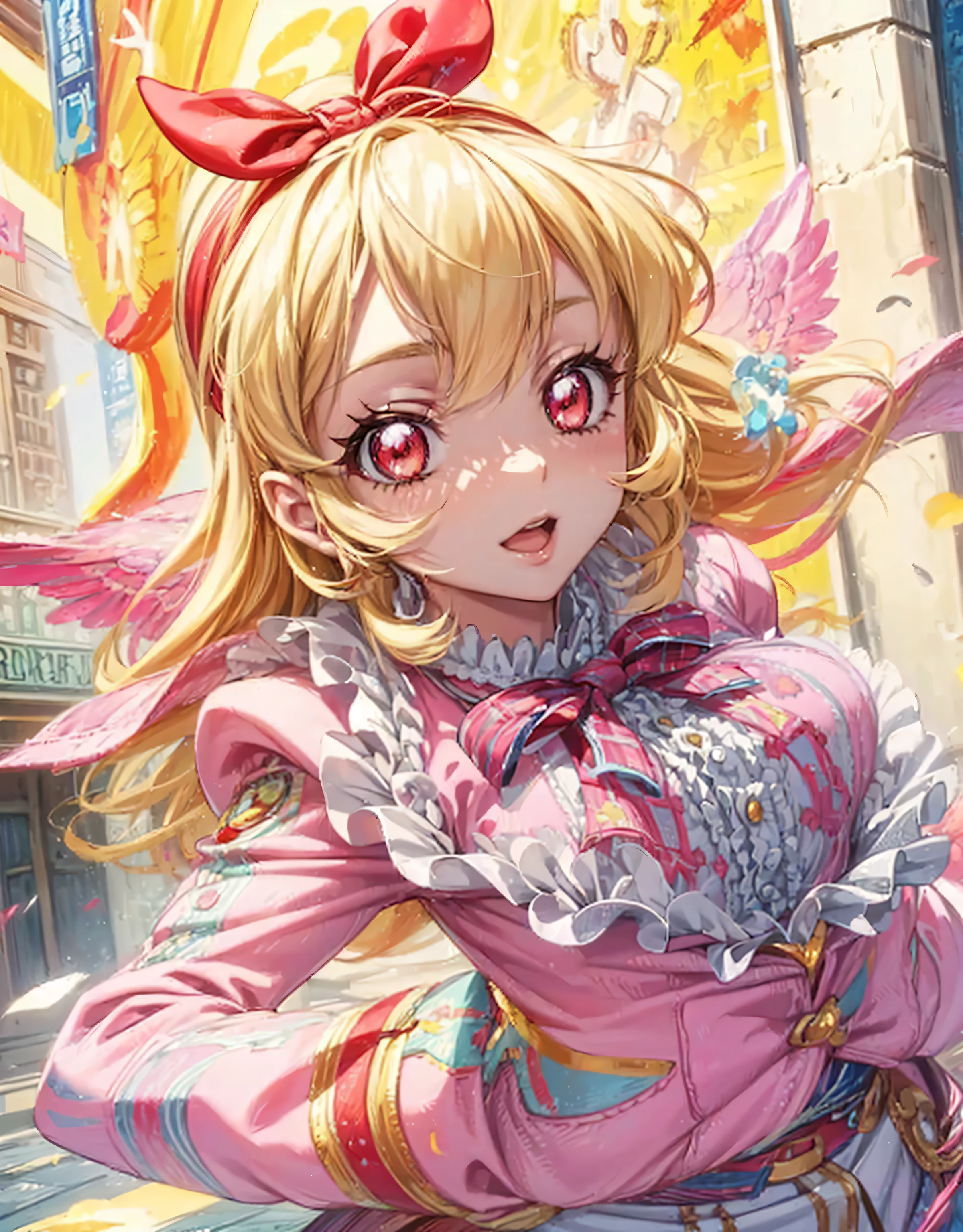 COWBOY shot:1.4,(masterpiece, best quality, highly detailed, ultra detailed, high resolution, absurdres, 4K, 8K:1.2), (official art, incredibly fine illustration, extremely detailed CG, detailed background, cinematic lighting, dynamic angle, perfect hands, detailed shiny skin, detailed hair, detailed eyes)(extremely awesome detailed pretty  face,beauty face)(extremely detailed)(Three-dimensional depiction)
BREAK,,aikatsu,hosimiya ichigo, 1girl, , solo, , Blonde hair, , ANGEL wing, RED eyes, looking at viewer,Ichigo Hoshimiya (Aikatsu!)