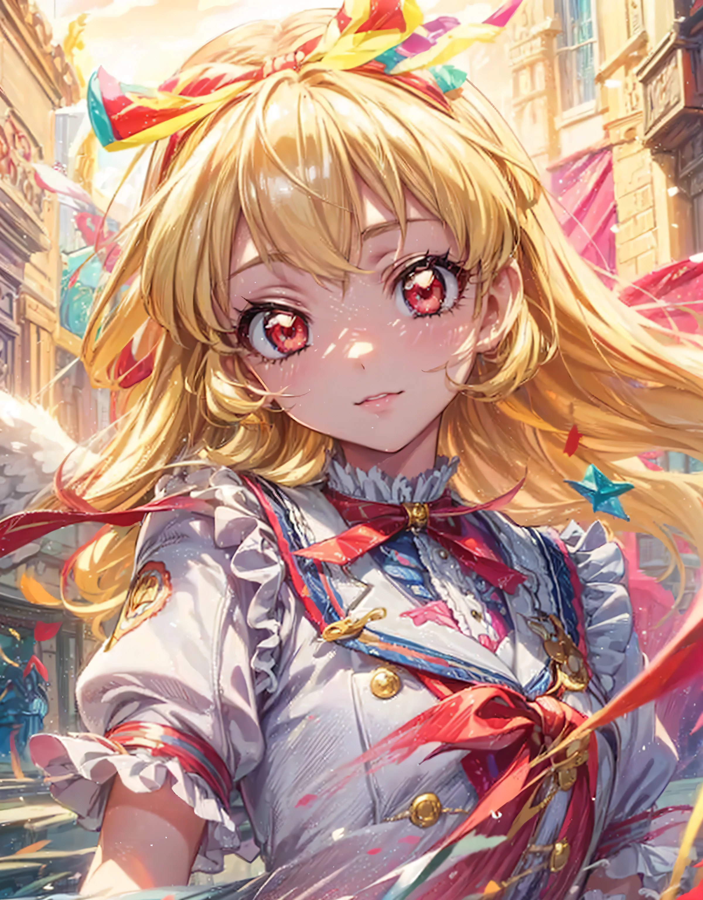 COWBOY shot:1.4,(masterpiece, best quality, highly detailed, ultra detailed, high resolution, absurdres, 4K, 8K:1.2), (official art, incredibly fine illustration, extremely detailed CG, detailed background, cinematic lighting, dynamic angle, perfect hands, detailed shiny skin, detailed hair, detailed eyes)(extremely awesome detailed pretty  face,beauty face)(extremely detailed)(Three-dimensional depiction)
BREAK,,aikatsu,hosimiya ichigo, 1girl, , solo, , Blonde hair, , ANGEL wing, RED eyes, looking at viewer,Ichigo Hoshimiya (Aikatsu!)