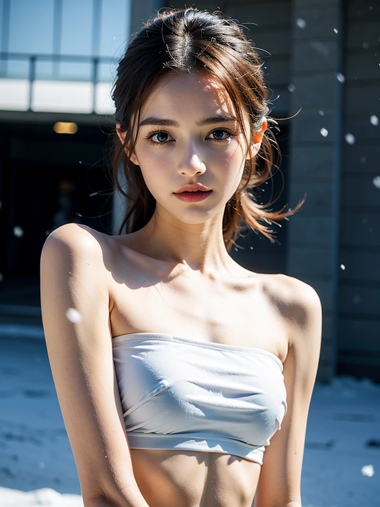 masterpiece, best quality, high quality, High definition, High quality texture, High quality shadow, high detail, beautiful detailed, finely detailed, extremely detailed cg, detailed texture, a realistic representation of the face, realistic, colorful, delicate, sharp focus, (intricate details, makeup, PureErosFace_V1:0.5), (detailed beautiful delicate face, detailed beautiful delicate eyes, a face of perfect proportion, high detailed skin, detailed skin, best ratio four finger and one thumb, skiny and thin:1.3), 1girl, , tall, (smooth_abs:1.55), (abs:0.5), pretty, masterpiece, highres, (long_skinny_legs), (straight_legs), (skinny_waist), (((fair skin))), white skin, (((pale skin))), (Emma_watson), big_breast, (((Caucasian))), Light blonde hair, orange Bandeau, orange short pleated skirt, standing legs apart, looking at viewer, full body, portrait of cute blonde girl, (outside,Heavy snowfall,,Cover with snow),showing abdomen, showing abs, snowfield, bloom, white fog, motion, wispy hair, realism, high-quality rendering, stunning art, high quality, film grain, Fujifilm XT3, dreamy