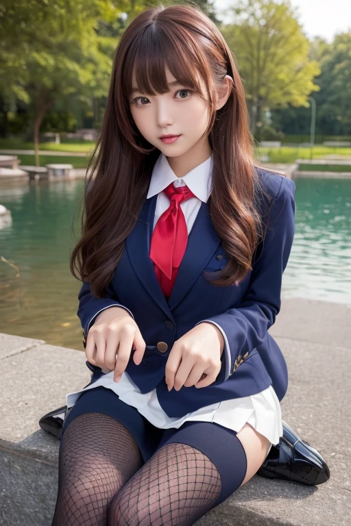 Lakeside in the mountains、Hot Spring Trip、bench、A  on all fours、Beautiful high school girls 1.5、((High school girl uniform 1.5、Fishnet tights、Garter Stockings、(Navy blue blazer uniform、Woman in a mini skirt 1.5)、Large breasts、The nipples are erect、Open your mouth wide 1.2、A nice build of medium build、Red collar 1.5、Nice body 1.5))、I have long hair。、Loose Curly Hair、Red Hair、Full Body Shot