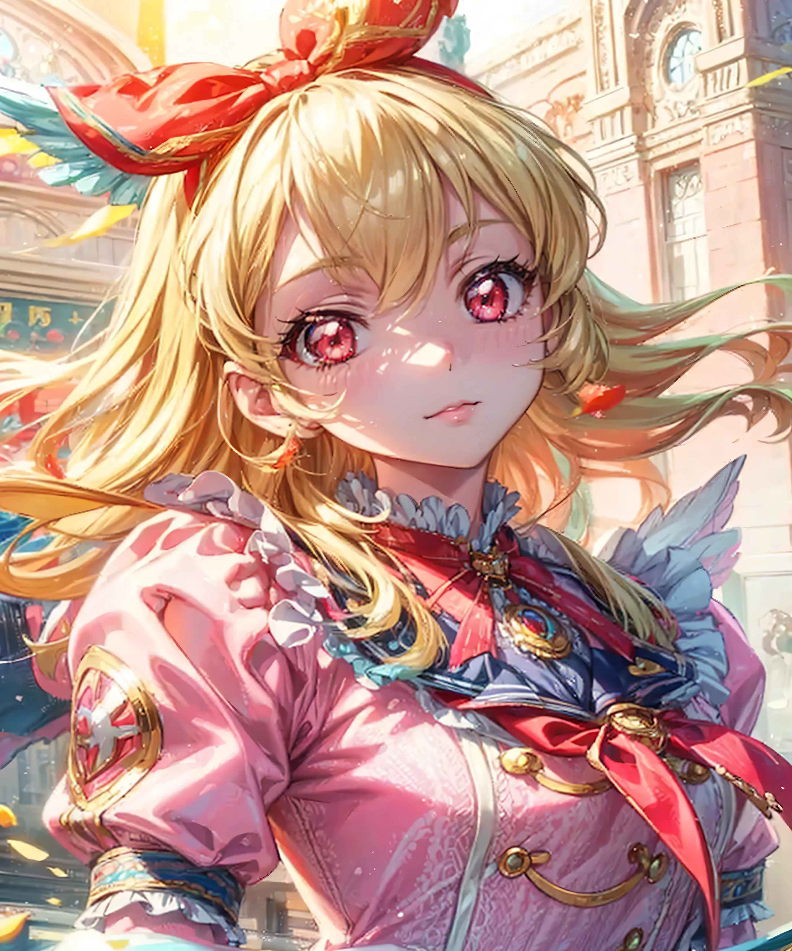 COWBOY shot:1.4,(masterpiece, best quality, highly detailed, ultra detailed, high resolution, absurdres, 4K, 8K:1.2), (official art, incredibly fine illustration, extremely detailed CG, detailed background, cinematic lighting, dynamic angle, perfect hands, detailed shiny skin, detailed hair, detailed eyes)(extremely awesome detailed pretty  face,beauty face)(extremely detailed)(Three-dimensional depiction)
BREAK,,aikatsu,hosimiya ichigo, 1girl, , solo, , Blonde hair, , ANGEL wing, RED eyes, looking at viewer,Ichigo Hoshimiya (Aikatsu!)