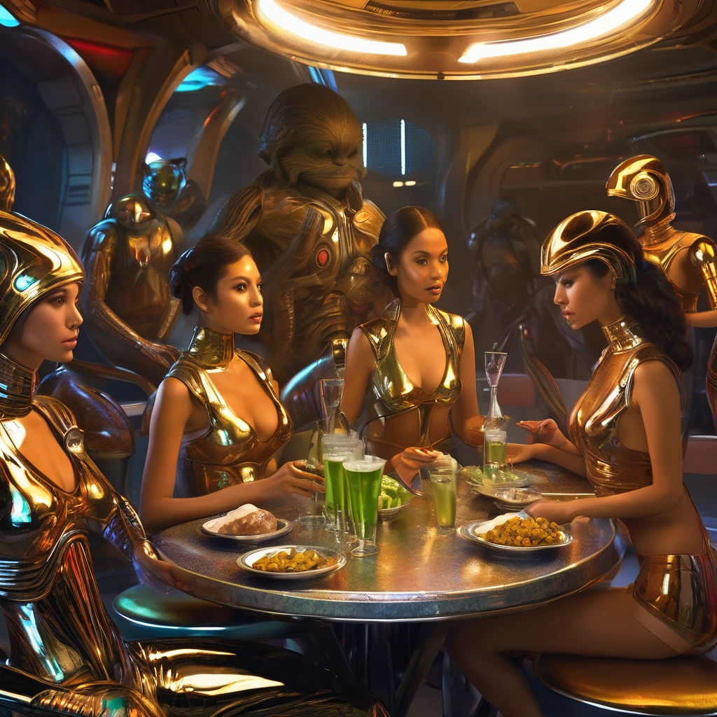 a group of lovely females (varied height and weight tending towards busty and full hips but athletic overall tone, varied races between Asian, Desi, Hindi, and Caucasian ) wearing scifi metallic swimsuits, extremely detailed and realistic,many women, beautiful detailed eyes, beautiful detailed lips, extremely detailed face, long eyelashes, detailed female body, sultry dance, metallic shiny swimsuit, tending to alien patrons in a star wars cantina (all manner of aliens are seated at tables eating bizarre foods and exotic drinks) , high quality, photorealistic, 8k, vivid colors, professional lighting, digital painting
