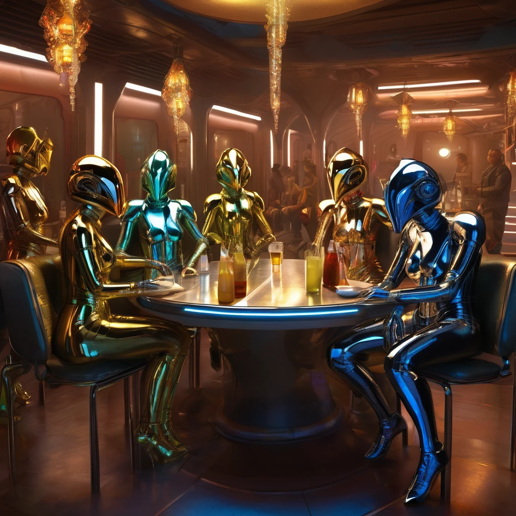 a group of lovely females (varied height and weight tending towards busty and full hips but athletic overall tone, varied races between Asian, Desi, Hindi, and Caucasian ) wearing scifi metallic swimsuits, extremely detailed and realistic,many women, beautiful detailed eyes, beautiful detailed lips, extremely detailed face, long eyelashes, detailed female body, sultry dance, metallic shiny swimsuit, tending to alien patrons in a star wars cantina (all manner of aliens are seated at tables eating bizarre foods and exotic drinks) , high quality, photorealistic, 8k, vivid colors, professional lighting, digital painting
