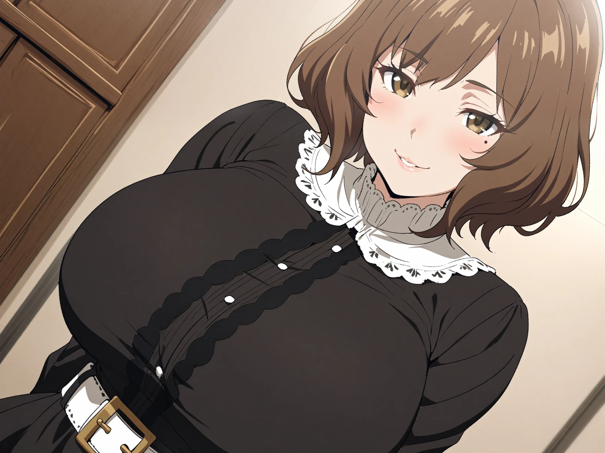 {{upper body, dutch angle}}{{Artist: sincos}} 1girl, solo, mature female, curvy, short hair, brown hair, brown eyes, eyeliner, lips, mole under left eye, huge breasts, black victorian dress, white belt, short dress, sweet smile, looking up, looking at viewer, indoors, kitchen, hug, taker pov, standing, medieval fantasy.