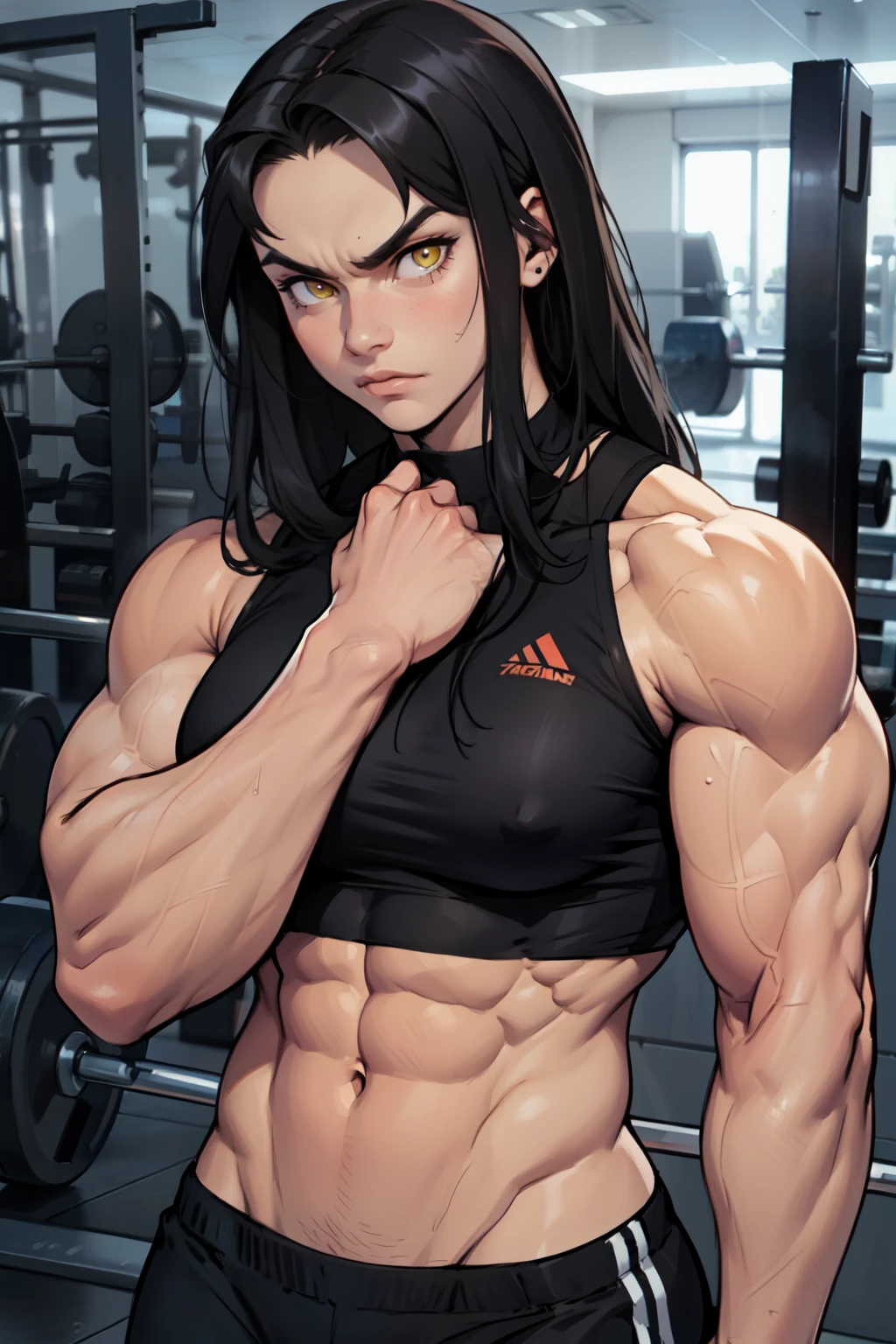 angry ((((1girl)))) (((bodybuilder))) pale skin black hair very long hair yellow eyes midriff