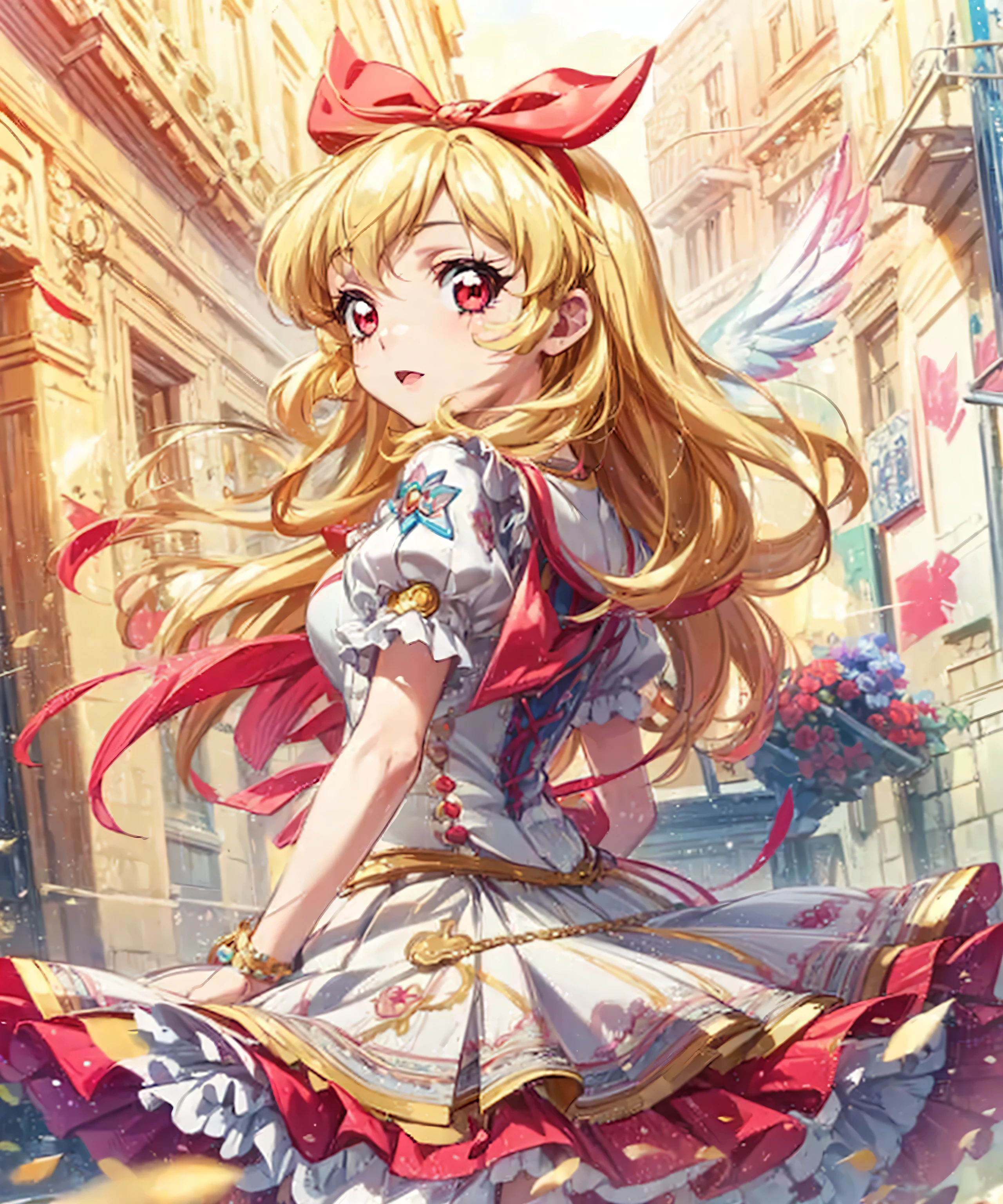 COWBOY shot:1.4,(masterpiece, best quality, highly detailed, ultra detailed, high resolution, absurdres, 4K, 8K:1.2), (official art, incredibly fine illustration, extremely detailed CG, detailed background, cinematic lighting, dynamic angle, perfect hands, detailed shiny skin, detailed hair, detailed eyes)(extremely awesome detailed pretty  face,beauty face)(extremely detailed)(Three-dimensional depiction)
BREAK,,aikatsu,hosimiya ichigo, 1girl, , solo, , Blonde hair, , ANGEL wing, RED eyes, looking at viewer,Ichigo Hoshimiya (Aikatsu!)