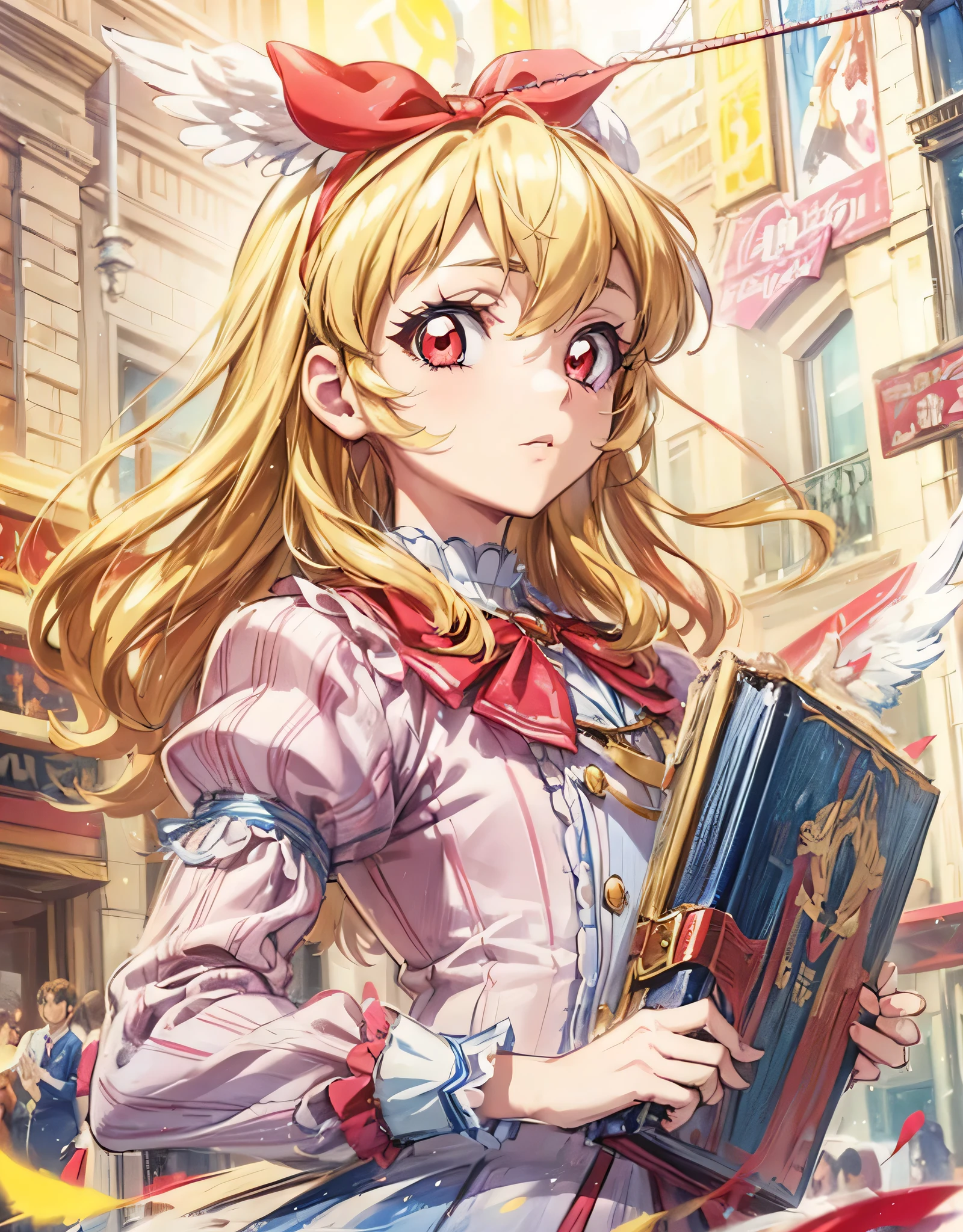 COWBOY shot:1.4,(masterpiece, best quality, highly detailed, ultra detailed, high resolution, absurdres, 4K, 8K:1.2), (official art, incredibly fine illustration, extremely detailed CG, detailed background, cinematic lighting, dynamic angle, perfect hands, detailed shiny skin, detailed hair, detailed eyes)(extremely awesome detailed pretty  face,beauty face)(extremely detailed)(Three-dimensional depiction)
BREAK,,aikatsu,hosimiya ichigo, 1girl, , solo, , Blonde hair, , ANGEL wing, RED eyes, looking at viewer,Ichigo Hoshimiya (Aikatsu!)