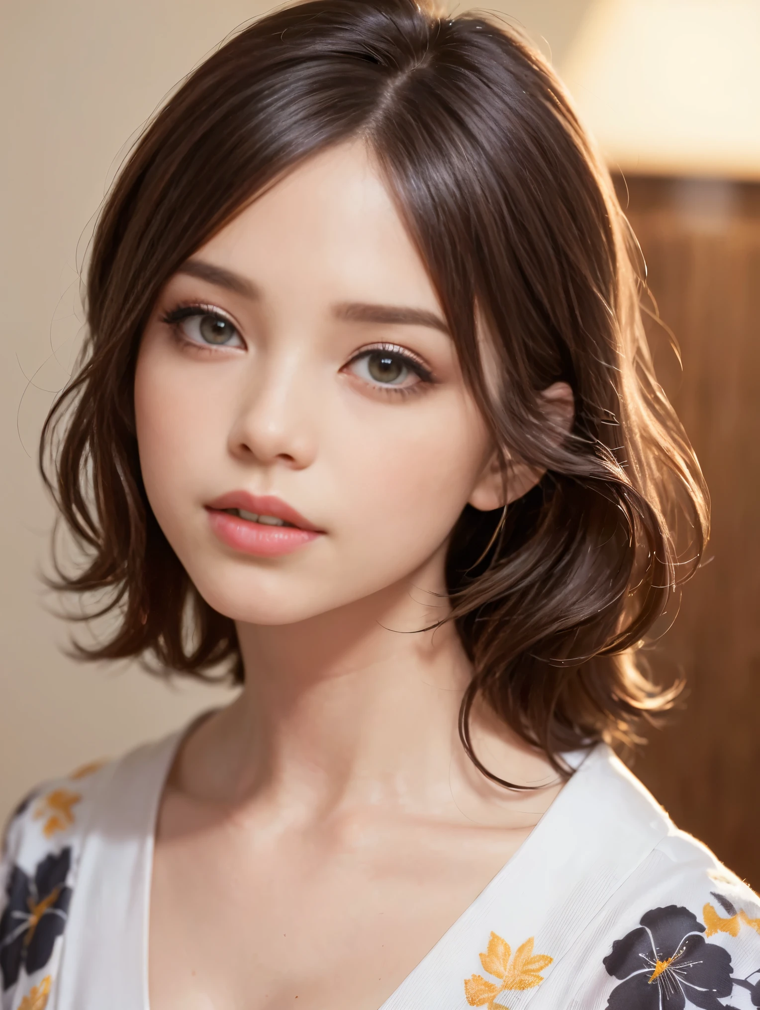 Facial retouching///Wearing clothes, Fix it in safe mode, (Accurately reproduce images1.37), (1.Lady), 16 years old, high school girl, Japanese women, Supermodel, (Best quality correction:1.21), 32K resolution, (Genuineistic:1.21), (Ultra-realistic:1.21), High resolution UHD, (masterpiece:1.21), (Improvement of quality:1.4), (Very beautiful facial details), (Perfect ???????:1.37), (Floral Yukata:1.37), (Natural Wave Hair:1.37), (In a Kyoto townhouse:1.21), (Perfect eye of the most absurd quality:1.25)、((Absurd resolution clear quality eye), Sharp without blur_completely_round_Genuine_black_eye:1.21 Super Quality), (Very intricate details:1.2), (((Detailed pupils:1.21)), ((Improvement of quality:1.21), (Highest quality real texture skins:1.21), (Highly detailed eye:1.21), Symmetrical eye, Face drawn in detail, (Ultra-detailed eye:1.21), (tired, Sleepy and satisfied:0.0), (Beautiful Lips:1.21), (Great nose:1.2), Fine eyelashes, Sharpen your eyebrows, (Realistic), (Sharp focus), Faithful and accurate facial reproduction, Blurred Background, Professional cinema lighting, smile