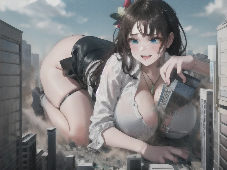 Perfect detail, Special details, highest quality, expensive全身の正確な描写,expensive, high school girl,A satisfied smile ,round face,Beauty,View Viewer, Black Hair,, , Partially exposed forehead, Dark blue eyes, Mature Body, Perfect body,Open your mouth wide、Large Breasts,Big Ass.Sweaty body, Wet body,stoop down, blush, Cleavage, White Shirt, , Black Skirt, necklace, Pursing your lips, A light smile, Drunk, expensiveディテール, Depth of written boundary, 1080p, 16k, Awards, High resolution, highest quality, masterpiece, 超High resolution, Anatomically correct, Super detailed,,Huge breasts、Realistic、Perfect bodyライン、aerial photograph、aerial photograph、Destroying the city with a smile、 (A giant girl bigger than a skyscraper destroys the city of Shibuya:1.5)、cute、body fluid、Eroticism stoop down、Chubby、cute、White Shirt Occupying a big city Big breasts overflowing from uniforms