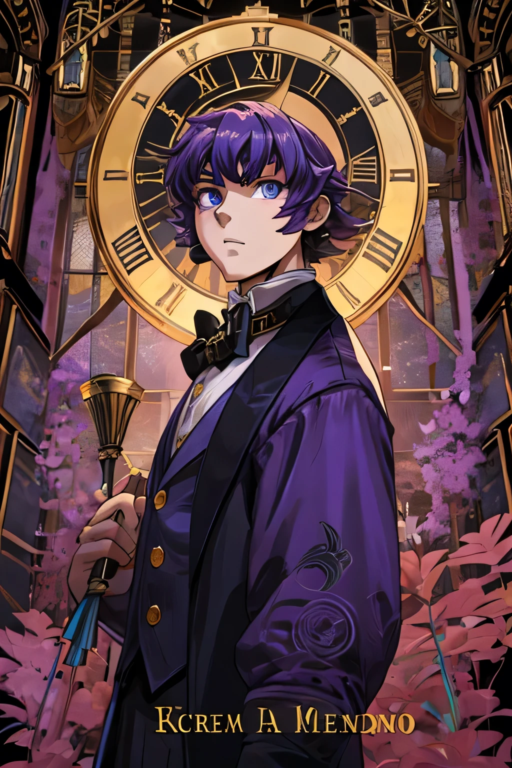 crea un personaje al estilo de jojos bizarre adventure con una vestimenta estilo steampunk con una mezcla victoriana, que a su lado tenga un stand con caracteristicas de reloj resaltando los engranajes, con una paleta de colores: Morado Electrico y Lila