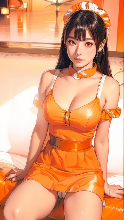 Photo shoot by a professional photographer, UHD, accurate, masterpiece, anatomically correct, high details, best quality, 8k、Wearing a white dress and orange sash、Arabian woman sitting on sofa, ayaka Cosplay, anime girl Cosplay, White and orange, Enchanting anime girl, anime Cosplay, Japanese Goddess, White and orange breastplate, Cosplay, full-Cosplay, Orange and white, Gorgeous Chinese Model, yoko matsugane as mai shiranui, Beautiful and attractive anime woman