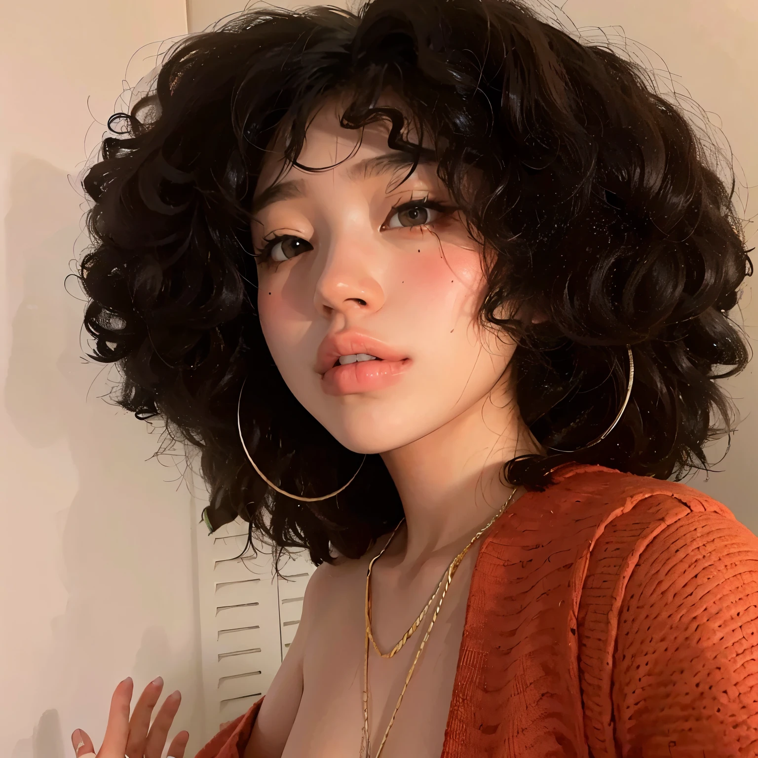 Woman with curly hair and a red sweater posing for a photo, afro encaracolado, cabelo curto preto encaracolado, cabelo encaracolado preto, cabelo afro, curly middle part haircut, com afro, cabelos cacheados, franja encaracolado, cabelo encaracolado curto escuro sorrindo, cabelos negros cacheados, afro, cabelos curtos e cacheados, cabelos cacheados e curtos, (cabelos cacheados escuros e curtos)