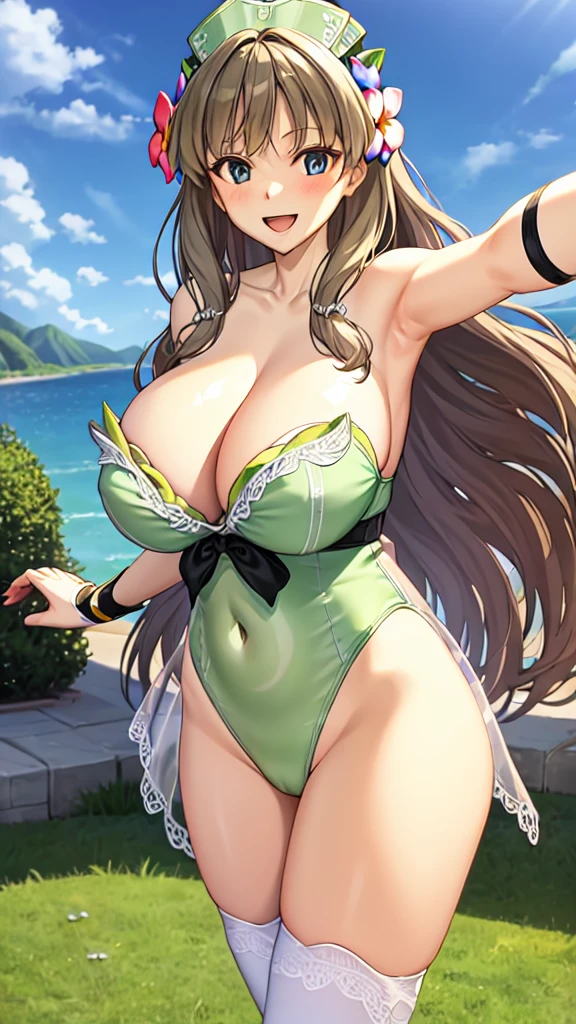 Show me your armpits), (1 girl), (smile), (Huge breasts:1.2), (Chest close-up), (Long Hair), (Outstretched arms), (Looking at the audience), (from before), (Hair Flowers), (garden), (Pasture), blush, bangs, blue eyes, large breasts, brown hair, hair ornament, thighhighs, cleavage, bare shoulders, collarbone, swimsuit, :d, thighs, cowboy shot, outdoors, sky, day, blunt bangs, white thighhighs, leotard, see-through, one-piece swimsuit, strapless, covered navel, highleg, beach, veil, white one-piece swimsuit, highleg swimsuit, bridal veil