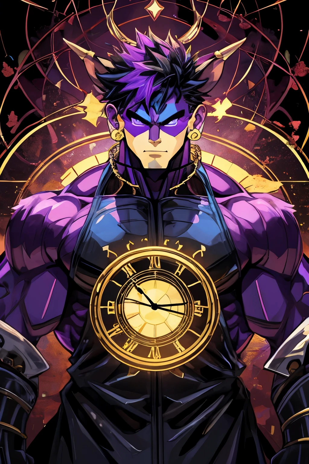 creates a humanoid entity in the style of Jojos Bizarre Adventure whose characteristics are: clock-like highlights highlighting the gears using a color palette of electric purple and gold