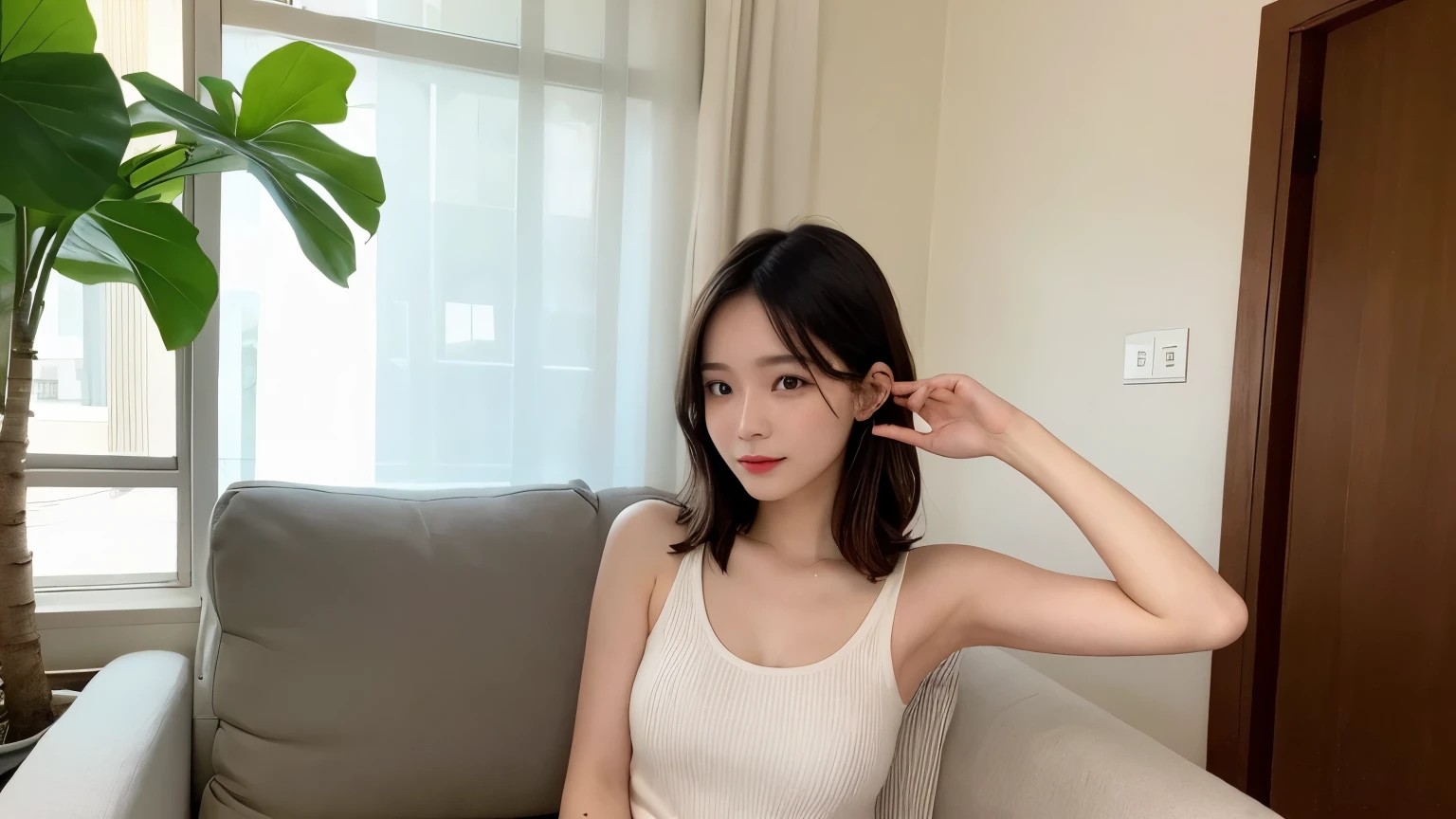 Detailed explanation,、High resolution、high quality、Perfect dynamic composition、Beautiful fine details、short hair、Large Breasts、Natural color lip、20-year-old girl、1 person、Clear Skin、Shiny Hair、Tabletop、最high quality、In detail、High resolution、8k、The correct state of the human body、Loungewear、Random pose、Sculpture model pose、Hair dancing in the wind、Inside the house、Sitting on the sofa、Relaxing、Blushing