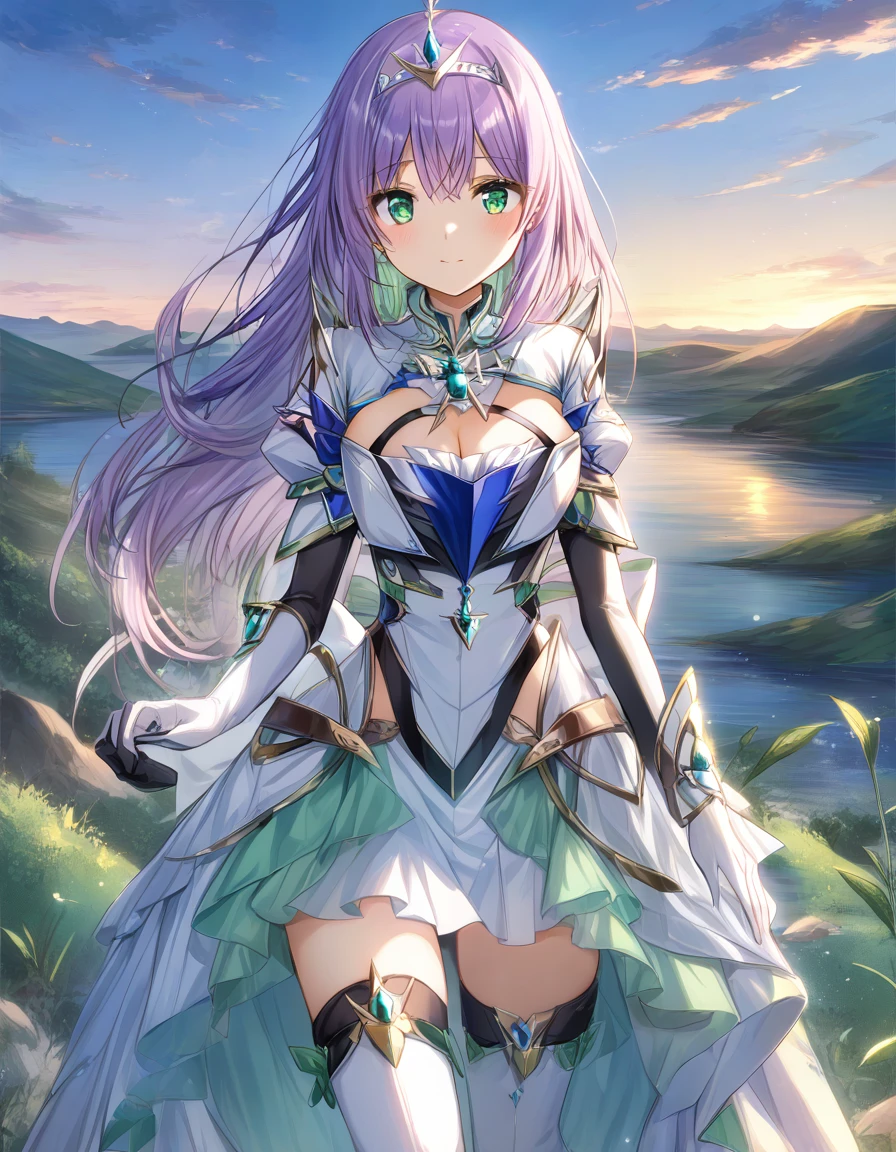 One girl,
Outdoor,
Cowboy Shot,
Twilight,
Break Yoakena, Finafam Earth Light, Green Eyes, Long Hair, Purple Hair,
dress, gloves,Crown, jewelry, Cleavage, Princess,elbow gloves,tiara,brooch,white gloves, Thigh High Heel Boots Breakout Masterpiece, highest quality,