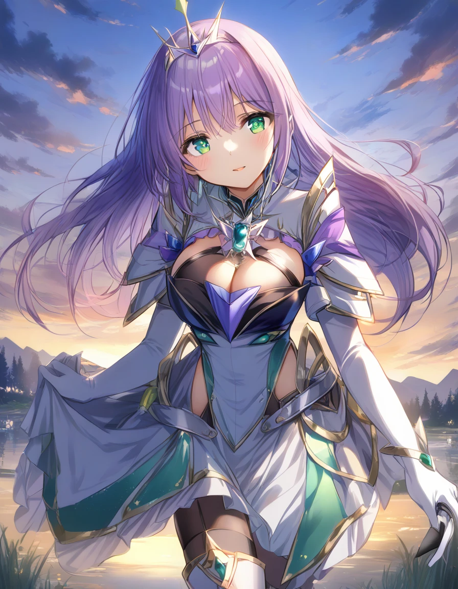 One girl,
Outdoor,
Cowboy Shot,
Twilight,
Break Yoakena, Finafam Earth Light, Green Eyes, Long Hair, Purple Hair,
dress, gloves,Crown, jewelry, Cleavage, Princess,elbow gloves,tiara,brooch,white gloves, Thigh High Heel Boots Breakout Masterpiece, highest quality,