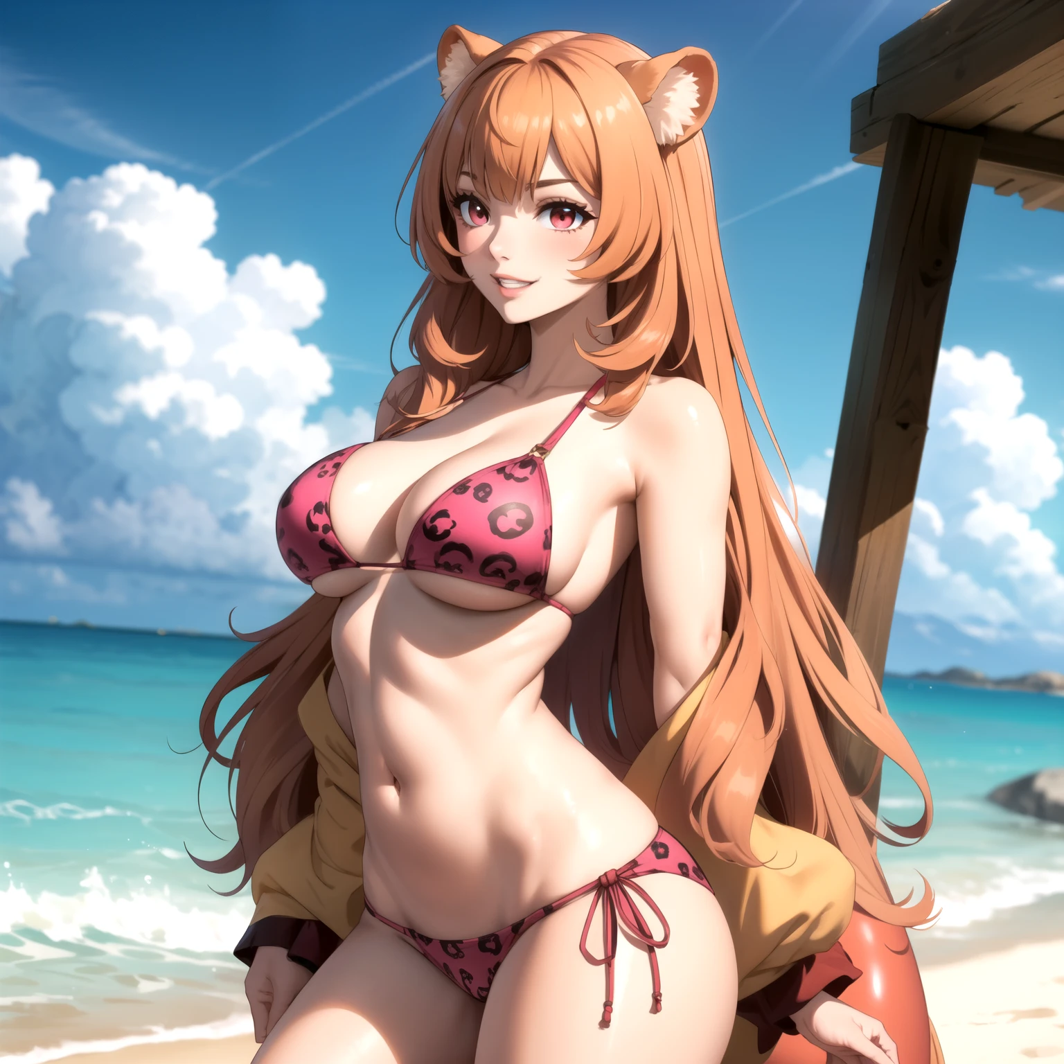 Raphtalia woman 35 years old orange hair , orejas de oso, ruby red eyes., pale skin, big breasts pink bikini jaguar design, esta de pie, frente al espectador, cuerpo completo, accesorios, playa de arena blanca. sunny day. cabello flotante, luz perfecta, colores vibrantes. cabello rubio dorado. sonrisa feliz. pechos muy grandes.