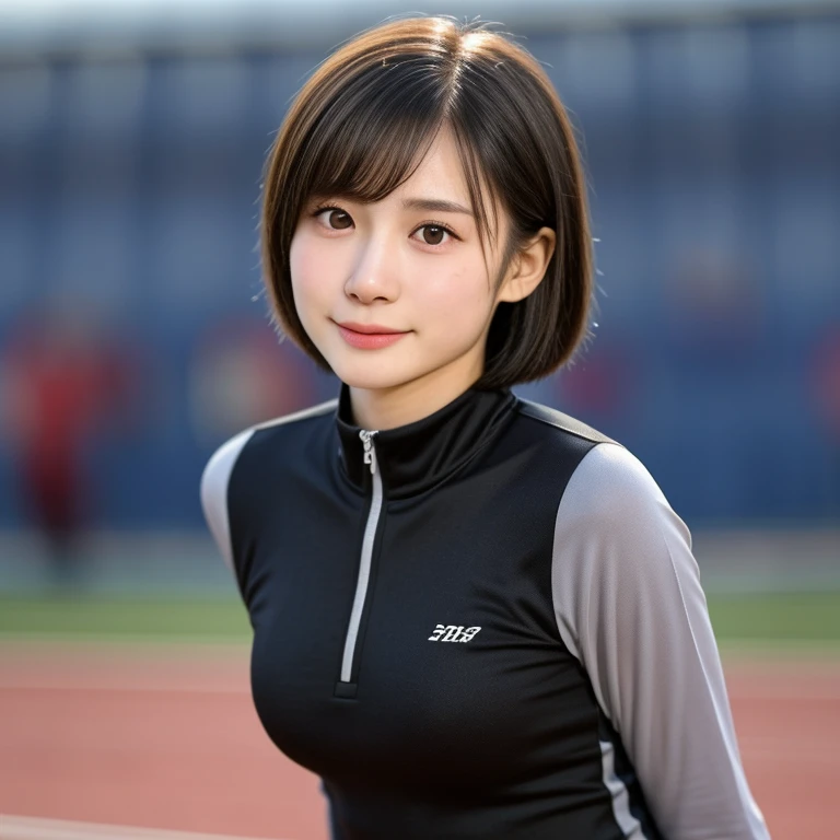 (kawaii 24 year-old Japanese girl, Nogizaka idol, Korean idol, track and field player), healthy female athlete body, (glossy black hair, very short hair, pixie cut, bangs:1.2), beautiful black eyes, rounded face, single eyelid, (no makeup:1.2), (soft smiling), (track jacket, sports leggins), extra small breasts, BREAK, (track and field stadium background, summer, sunny daytime:1.2), (dynamic angle, bust shot:1.2), BREAK, (masterpiece, best quality, photo realistic, official art:1.4), (UHD, 8K quality wallpaper, high resolution, raw photo, golden ratio:1.3), (shiny skin), professional lighting, physically based rendering, award winning, (highly detailed skin texture, extremely detailed face and eyes textures), Carl Zeiss 300 mm F/2.8, depth of field, (1girl, solo),