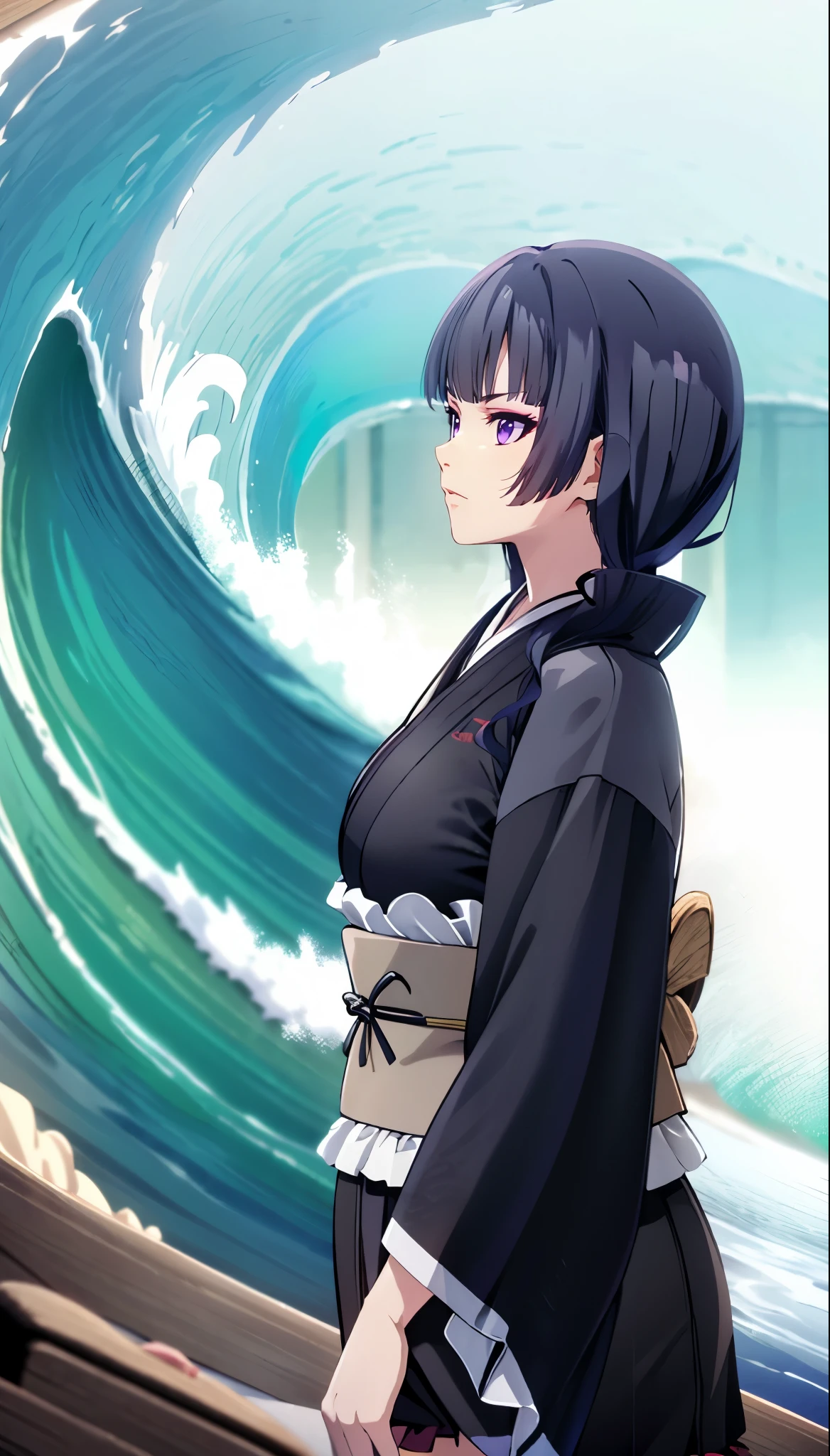 photorealistic, (4k), depth of field, (Masterpiece), (realistic skin texture), extremely detailed, intricate, hyper detailed, high resolution, professional photography, bokeh, sharp detail, best quality, woman, black hair, long hair, (black kimono), frills, purple eyes, in profile ,  (big waves:1.5), (surrounded by waves), ocean, stormy sea, splashing,