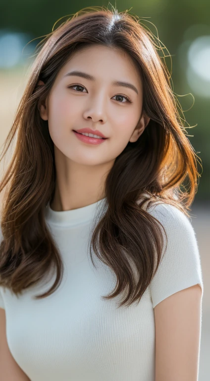 Brown haired woman, 30 years old、Unclean、Lens flare、(8k、born、Professional、highest quality、masterpiece:1.2)、(Realistic、Photorealistic:1.37)、Ultra-detailed、(Highest Detail Skin:1.2)、(Ultimate detailed face:1.2)、Cinema Lighting、1 Female、Japanese、Brown Shortcut、(the wind is strong)、Warm White Light、A shy smile、Photographed from the front、((highest quality、8k、masterpiece:1.3))、Beautiful woman with perfect figure:1.4、、((Dark brown hair、huge tits:1.2))、Highly detailed face and skin texture、Detailed eyes、double eyelid、huge 、gender Wearing a plain white cotton crew neck T-shirt Tokyo whole photo Cafe