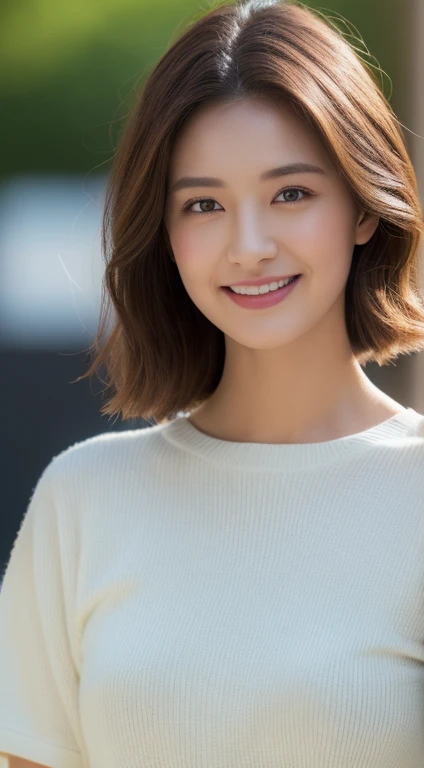 Brown haired woman, 30 years old、Unclean、Lens flare、(8k、born、Professional、highest quality、masterpiece:1.2)、(Realistic、Photorealistic:1.37)、Ultra-detailed、(Highest Detail Skin:1.2)、(Ultimate detailed face:1.2)、Cinema Lighting、1 Female、Japanese、Brown Shortcut、(the wind is strong)、Warm White Light、A shy smile、Photographed from the front、((highest quality、8k、masterpiece:1.3))、Beautiful woman with perfect figure:1.4、、((Dark brown hair、huge tits:1.2))、Highly detailed face and skin texture、Detailed eyes、double eyelid、huge 、gender Wearing a plain white cotton crew neck T-shirt Tokyo whole photo Cafe