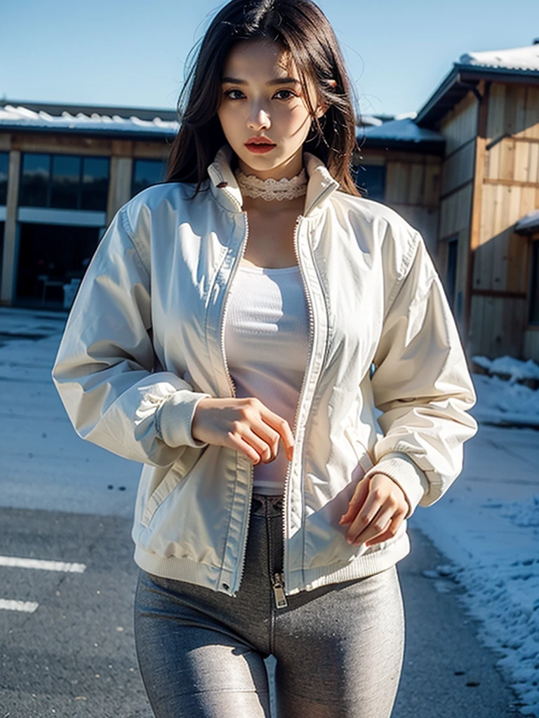 ((masterpiece, 32k,8k,wallpaper, high resolution, H,RAW photos,)),(realistically:1.5),(light),(Detailed fingers),(High detail skin:1.beautiful eyes),1 girl,alone, Winters, Yuki, Fur collar windbreaker,  Minkitz, lace up pantyhose,(huge snatch),twilight，Cloud，wind，hair flying，