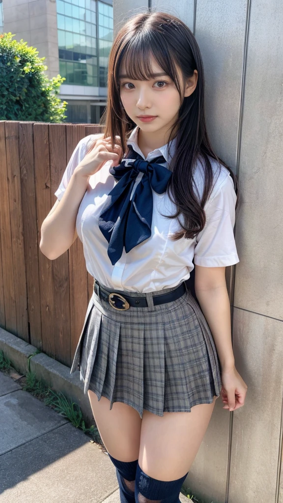 masterpiece, best quality, illustration, Super detailed, fine details, High resolution, 8K,wall paper, perfect dynamic composition,(Details High quality, realistic depiction of eyes:1.3), restroom, High school girl uniform、Super Short Check Uniform Skirt、Navy blue high socks、garterbelts、Colossal tits、Disturbed uniform, Straight bangs, black hair color, large breasts, Big Natural Color Lip, standing, (erotic pose), (perfect body shape), crying a little、cold gaze, Harajuku style、20 year old girl、cute type, beautiful legs, hposing Gravure Idol