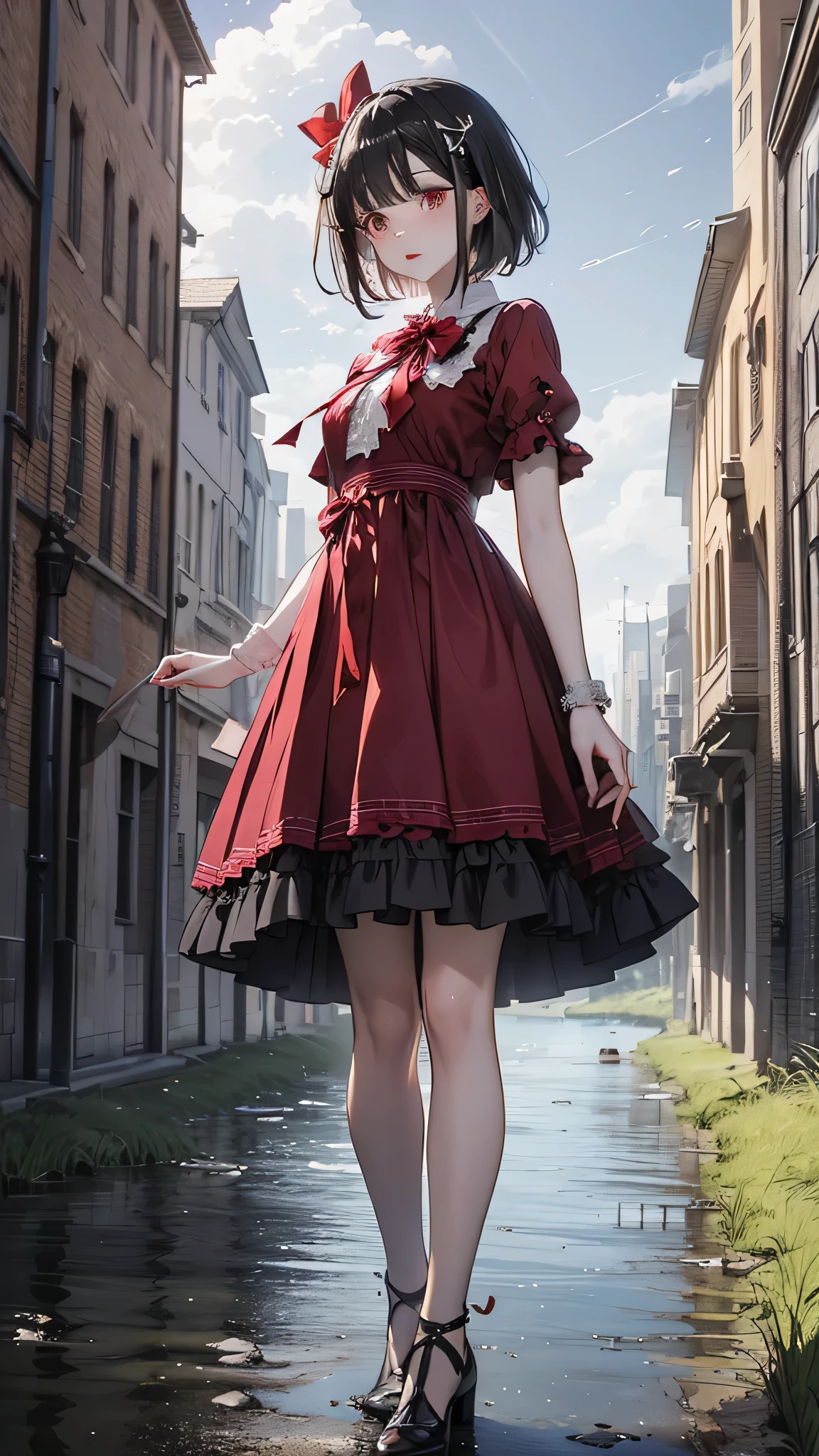 One girl,Front hair,black_hair,green_null,bridge,building,city,city,cityscape,cloud,Day,dress,Looking_in_Audience,Outdoor,red_Neckwear,red_ribbon,ribbon,river,short_hair,short_sleeve,null,nullscraper,One person in,Are standing,town,winer,(masterpiece,anime,newest,new,Exceptional:1.2),