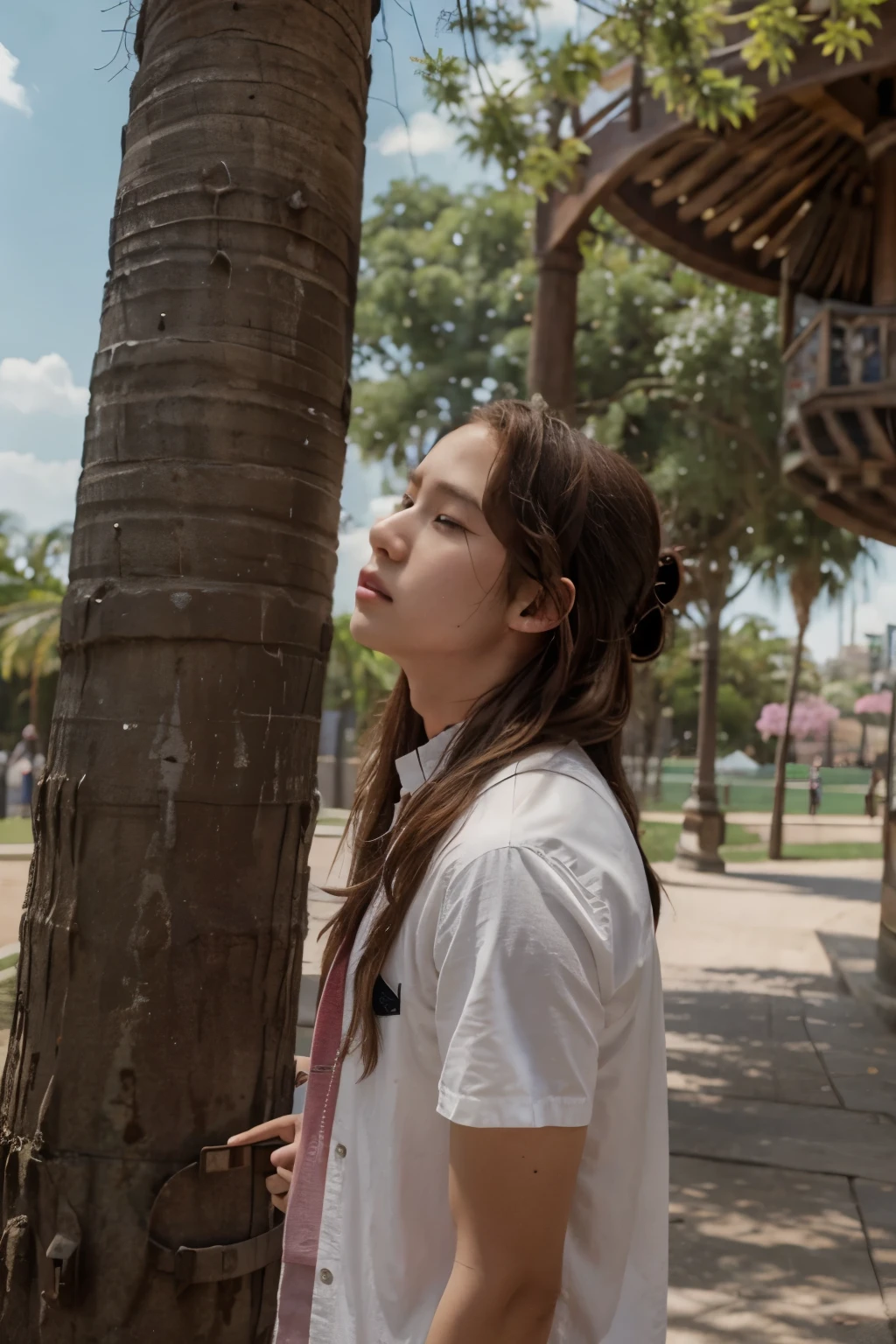 Crea una imagen de Taehyun de txt abrazado de jisso de blackpink en un parque de diversiones montados en una rueda de la fortuna