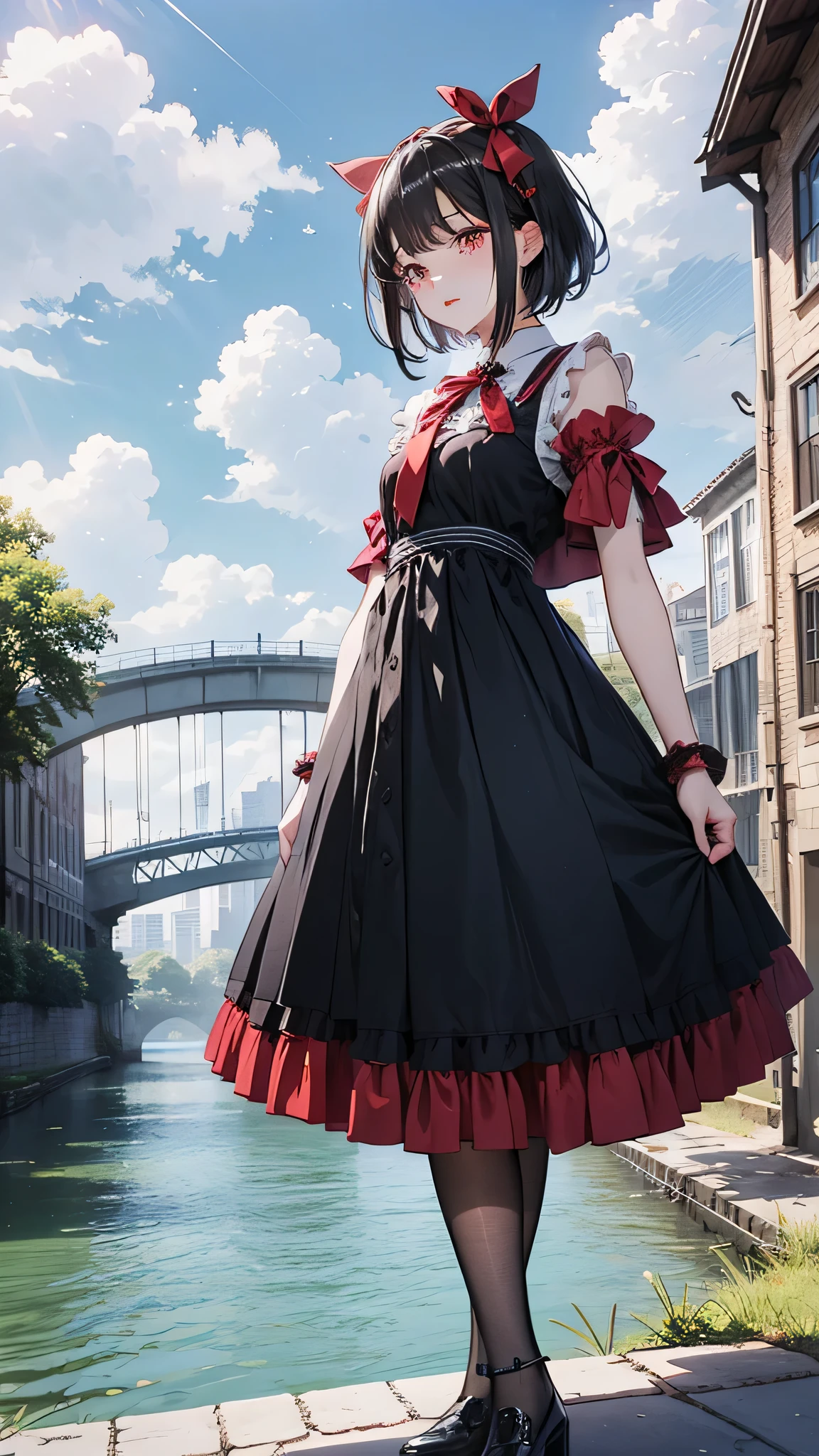 One girl,Front hair,black_hair,green_null,bridge,building,city,city,cityscape,cloud,Day,dress,Looking_in_Audience,Outdoor,red_Neckwear,red_ribbon,ribbon,river,short_hair,short_sleeve,null,nullscraper,One person in,Are standing,town,winer,(masterpiece,anime,newest,new,Exceptional:1.2),