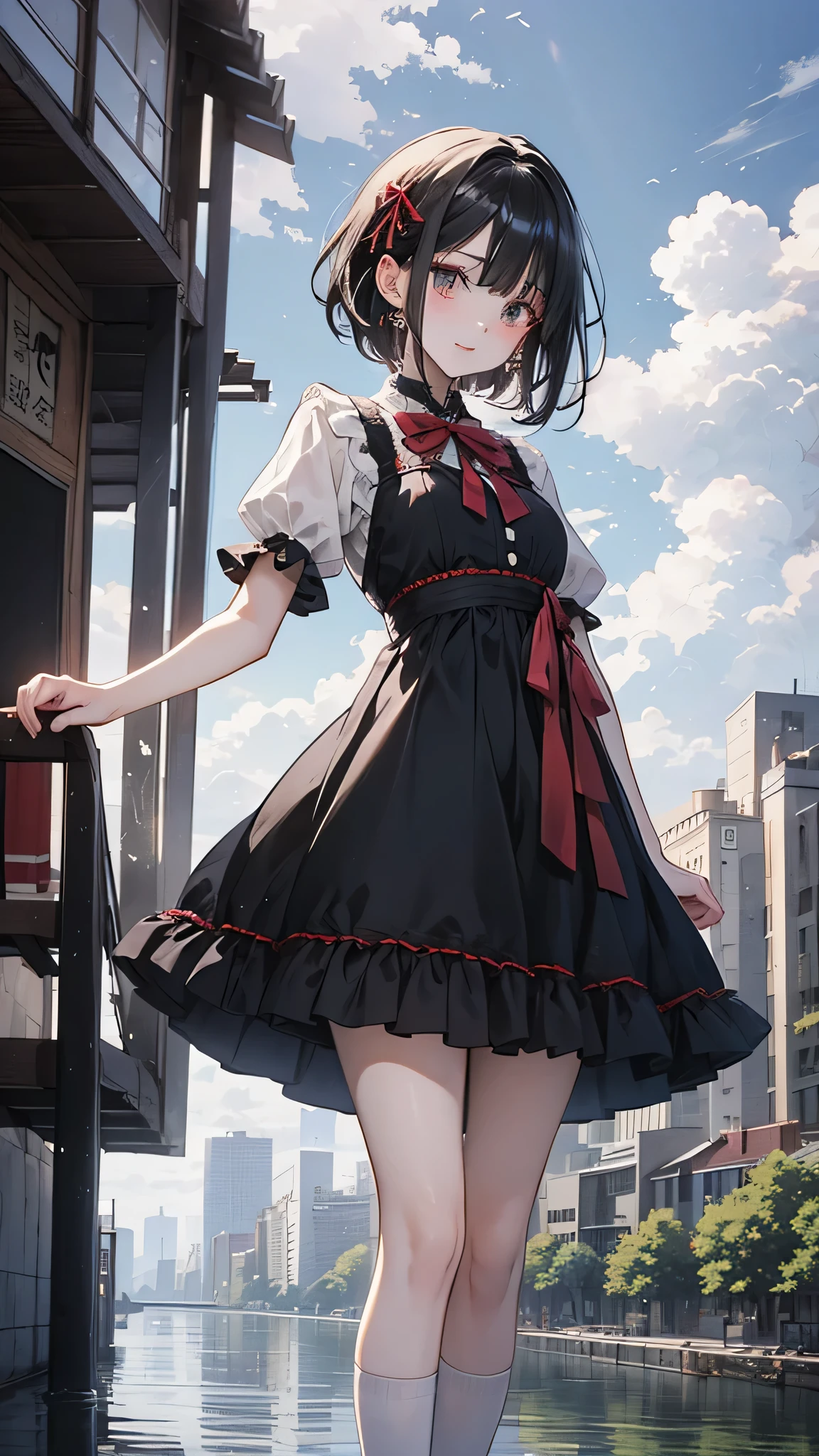 One girl,Front hair,black_hair,green_null,bridge,building,city,city,cityscape,cloud,Day,dress,Looking_in_Audience,Outdoor,red_Neckwear,red_ribbon,ribbon,river,short_hair,short_sleeve,null,nullscraper,One person in,Are standing,town,winer,(masterpiece,anime,newest,new,Exceptional:1.2),