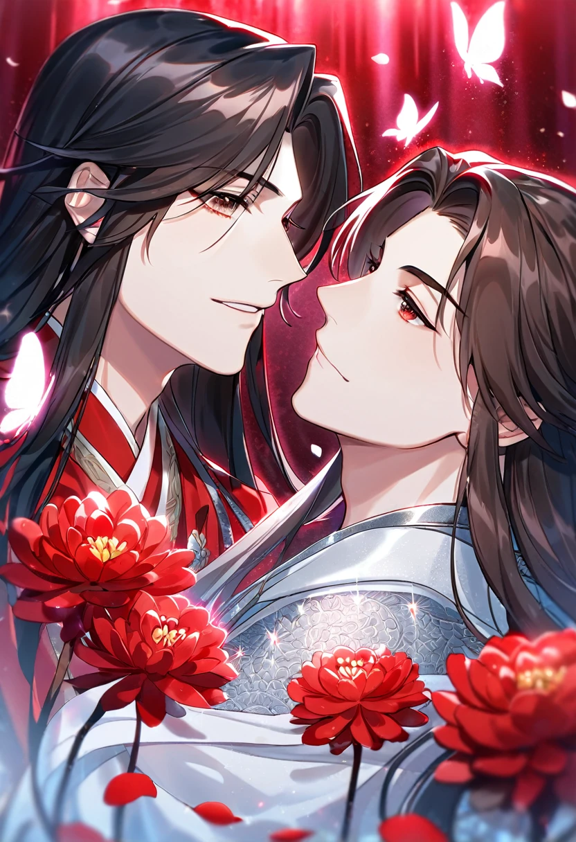 Ultra detailed, HDR, Highres, absurdres, master piece, Xie Lian, brown long hair, expressive brown eyes, Hua Cheng, black long hair, expressive red eyes, Heaven Official's Blessing, glittering silver butterflies, petals, white clothes, red flowers, handsome, two sexy man together, yaoi, gay couple, love, extremely detailed face and eyes, glittering, red forest, perfect face, best quality, red rain, red ice flowers, red clothes,