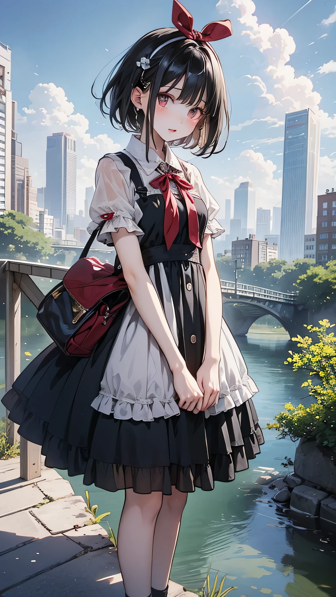 One girl,Front hair,black_hair,green_null,bridge,building,city,city,cityscape,cloud,Day,dress,Looking_in_Audience,Outdoor,red_Neckwear,red_ribbon,ribbon,river,short_hair,short_sleeve,null,nullscraper,One person in,Are standing,town,winer,(masterpiece,anime,newest,new,Exceptional:1.2),